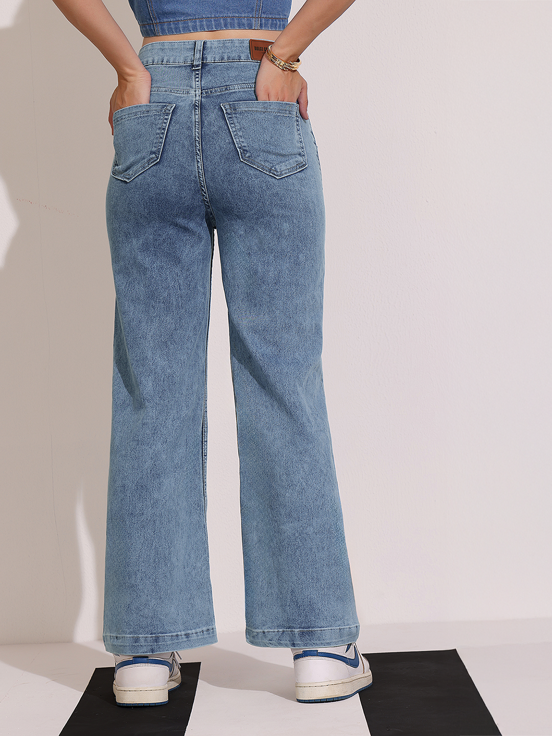 Women's Light Blue Wide-Leg High Rise Clean Look Regular Stretchable Denim Jeans