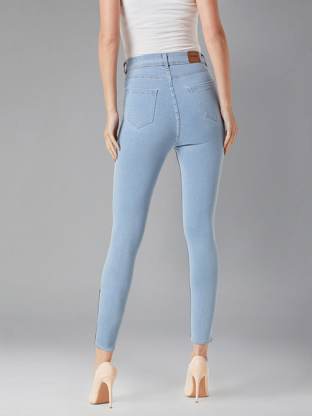 Women's Light Blue Skinny High-Rise Distressed Cropped Denim Jeans