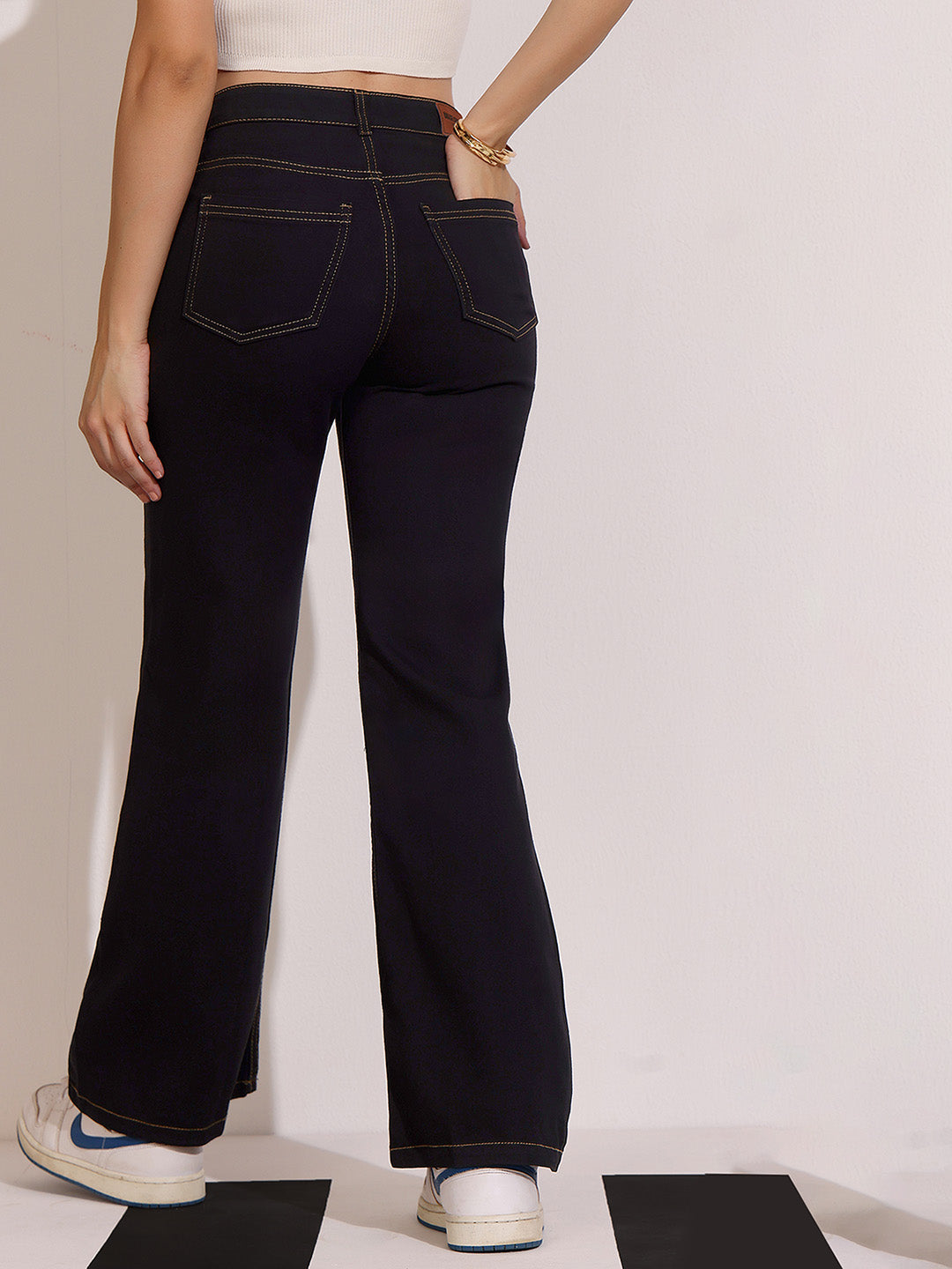 Women's Black Bootcut High-Rise Clean-Look Regular-Length Stretchable Denim Jeans
