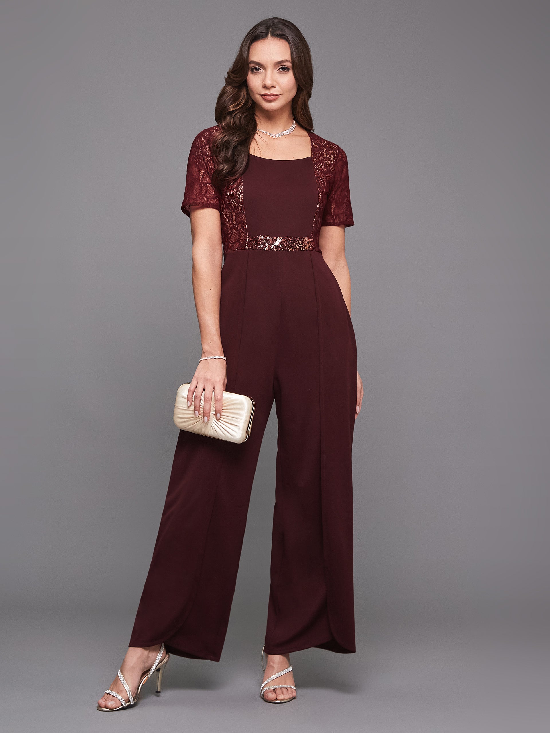Women's Wine Square Neck Half Sleeve Self-Designed Panelled Regular-Length Polyester Jumpsuit
