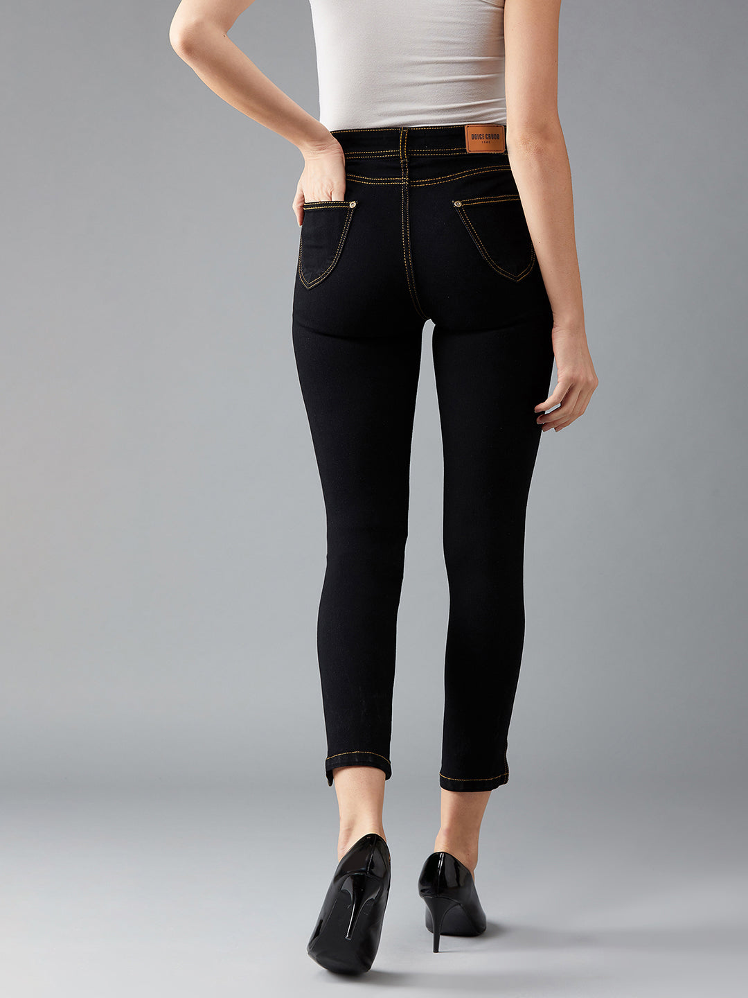 Women's Black Skinny High-Rise Side-Slit Solid Ankle Length Stretchable Denim Jeans