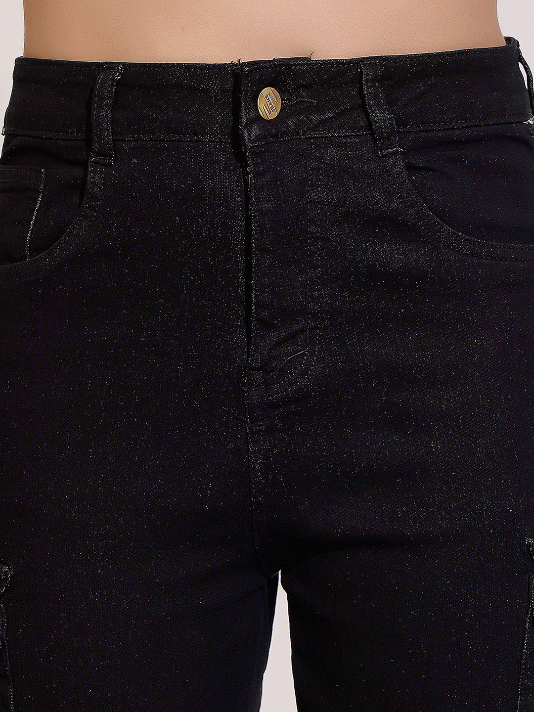 Black Regular High-Rise Clean-Look Regular Stretchable Denim Joggers for Women — Dolce Crudo