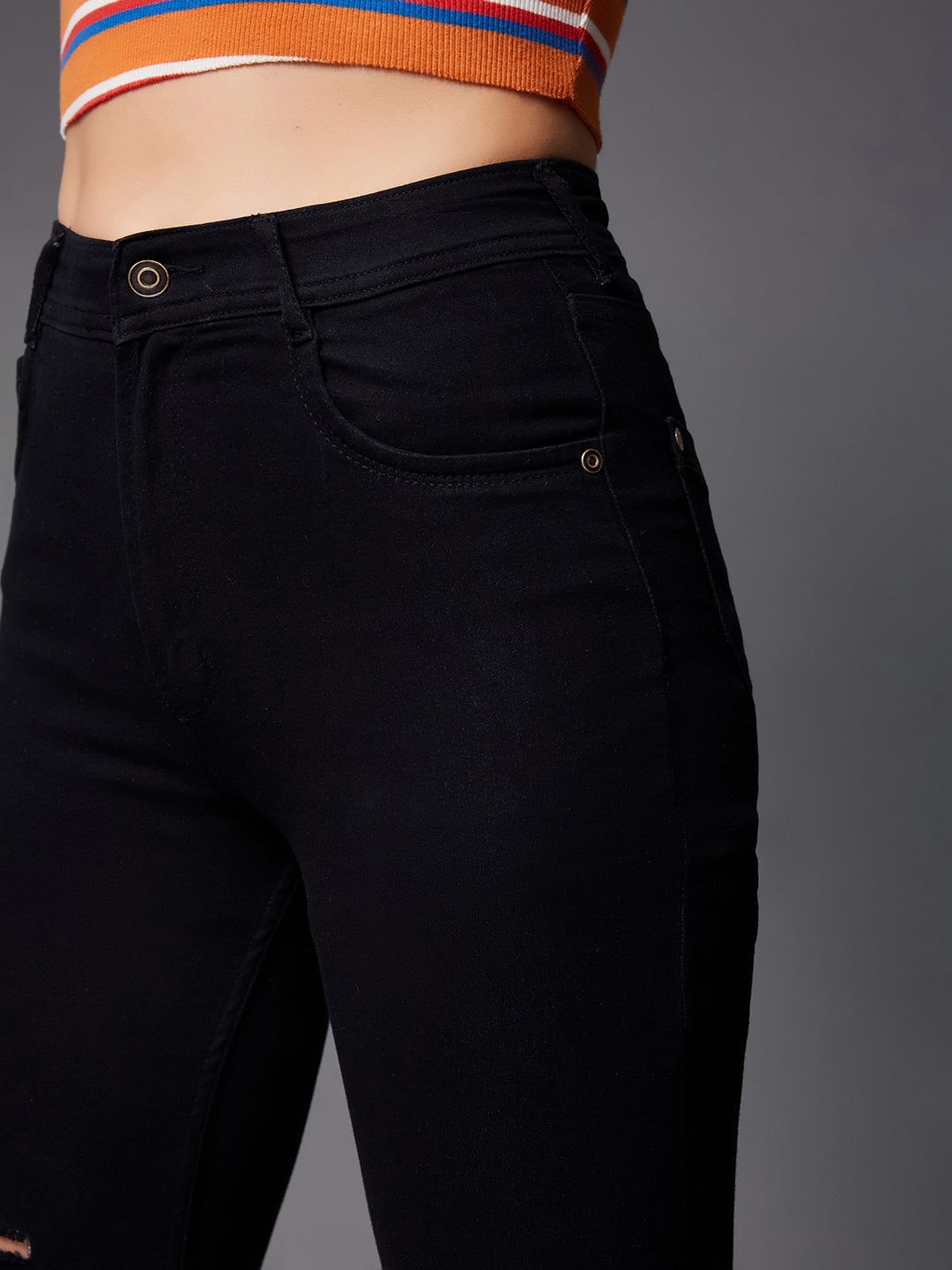 Women's Black Slim-Fit High-Rise Mild-Distressed Ripped Denim Stretchable Jeans