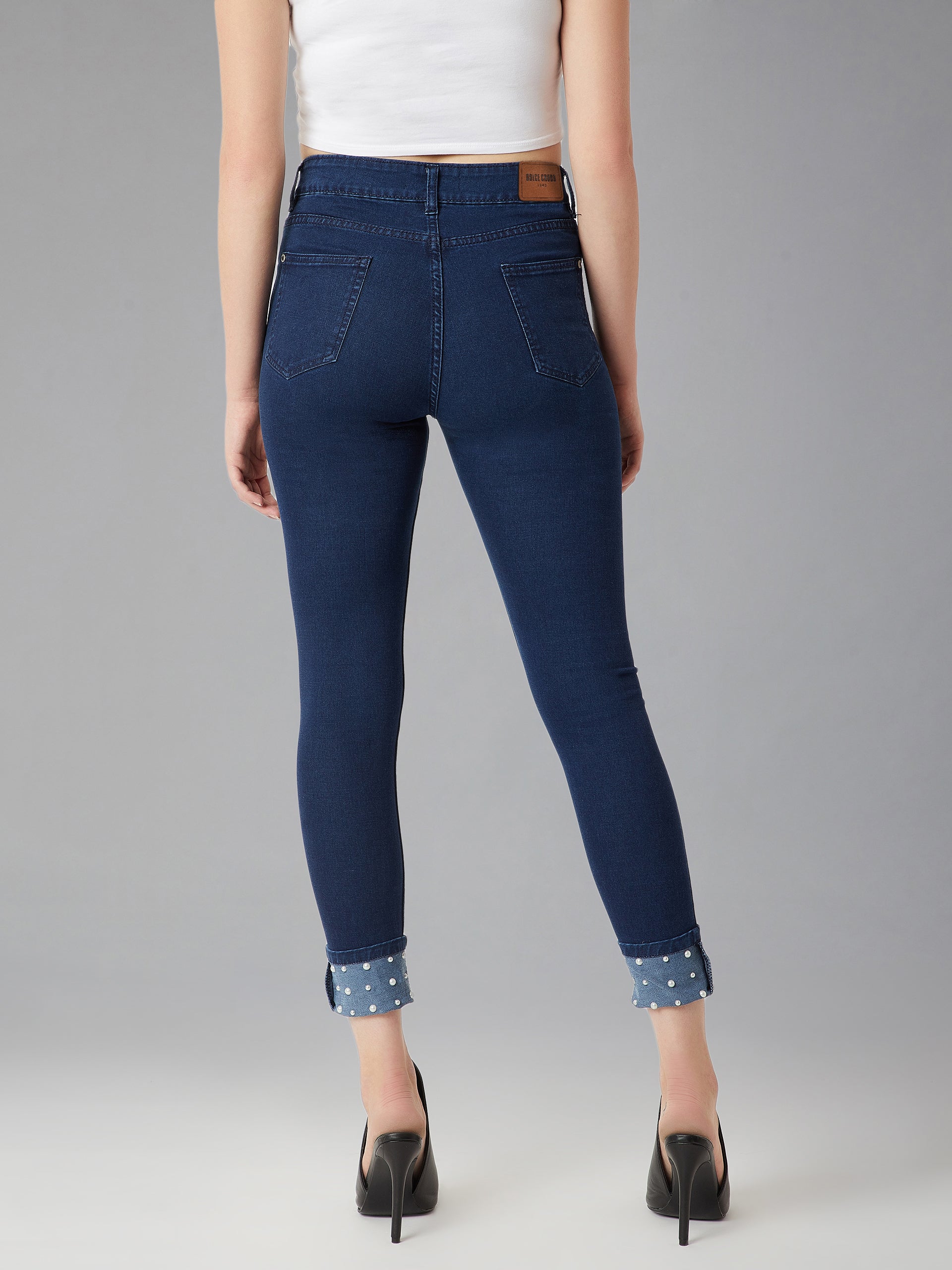 24/7 Comfort Navy-Blue Skinny-Fit High-Rise Pearl Embellished Stretchable Denim Jeans