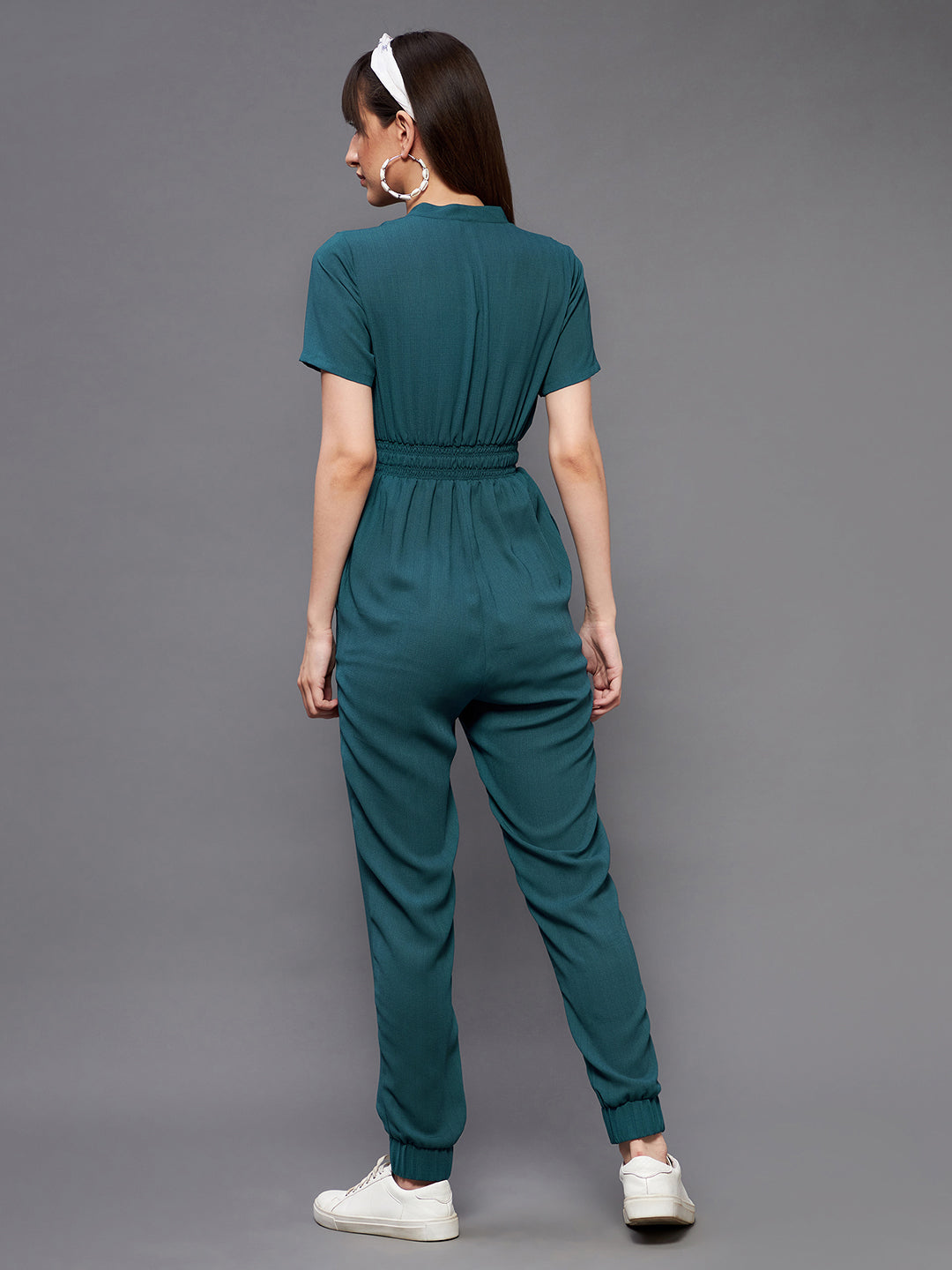 Women's Dusty Turquoise V-Neck Short Sleeve Solid Straight Leg Polyester Regular Jumpsuit