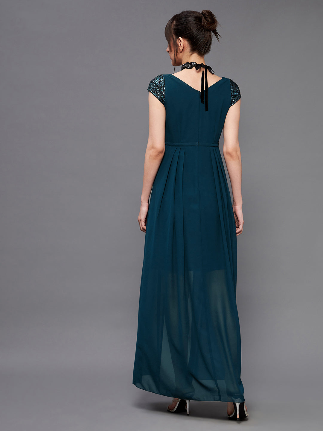 Teal Cap Sleeves Sequinned Dress with Cape