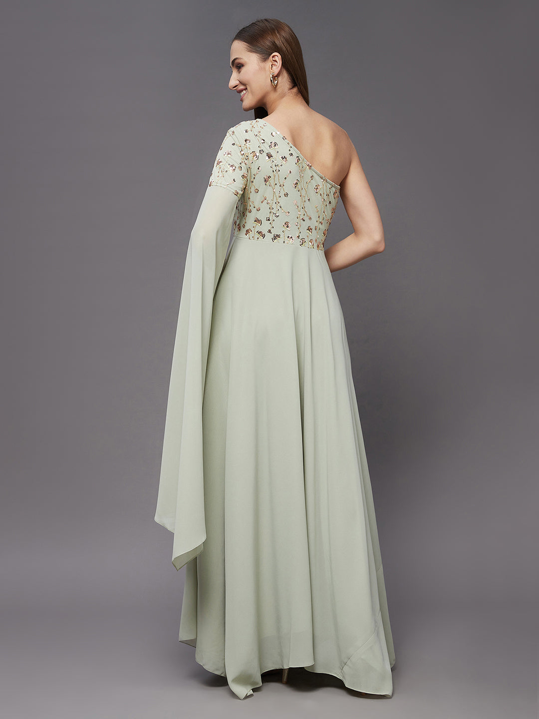 Women's Dusty Green And Golden Sequined Party Asymmetric Maxi Dress
