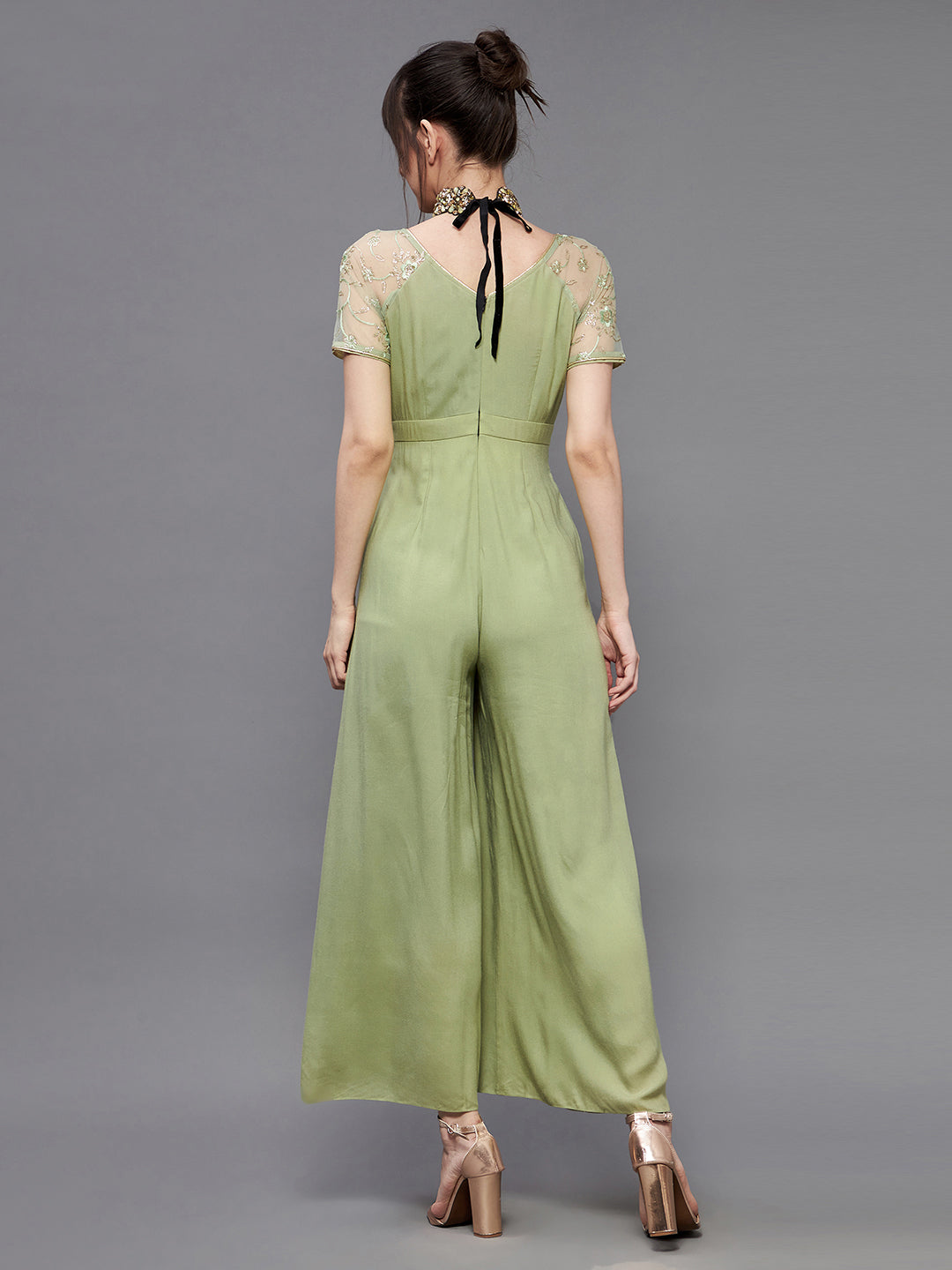 Women's Light Green Round Neck Raglan Viscose Rayon Embroidered Straight Leg Regular Jumpsuit