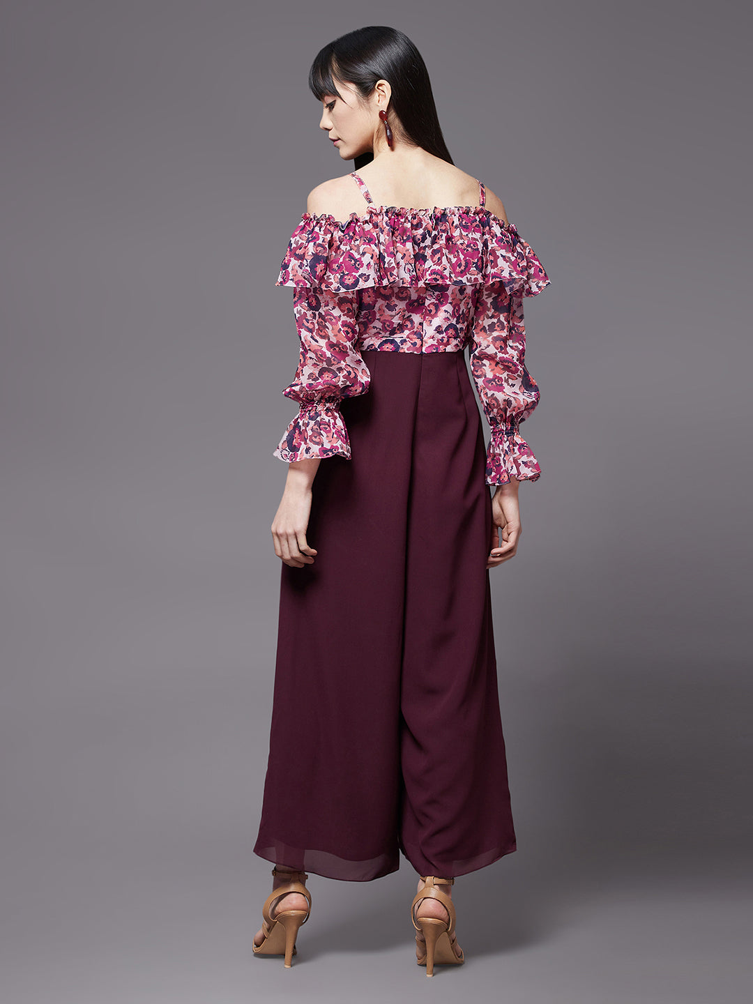 Women's Multicolored-Base-Wine Off-Shoulder Ruffled Sleeve Floral Print Frilled Regular Jumpsuit
