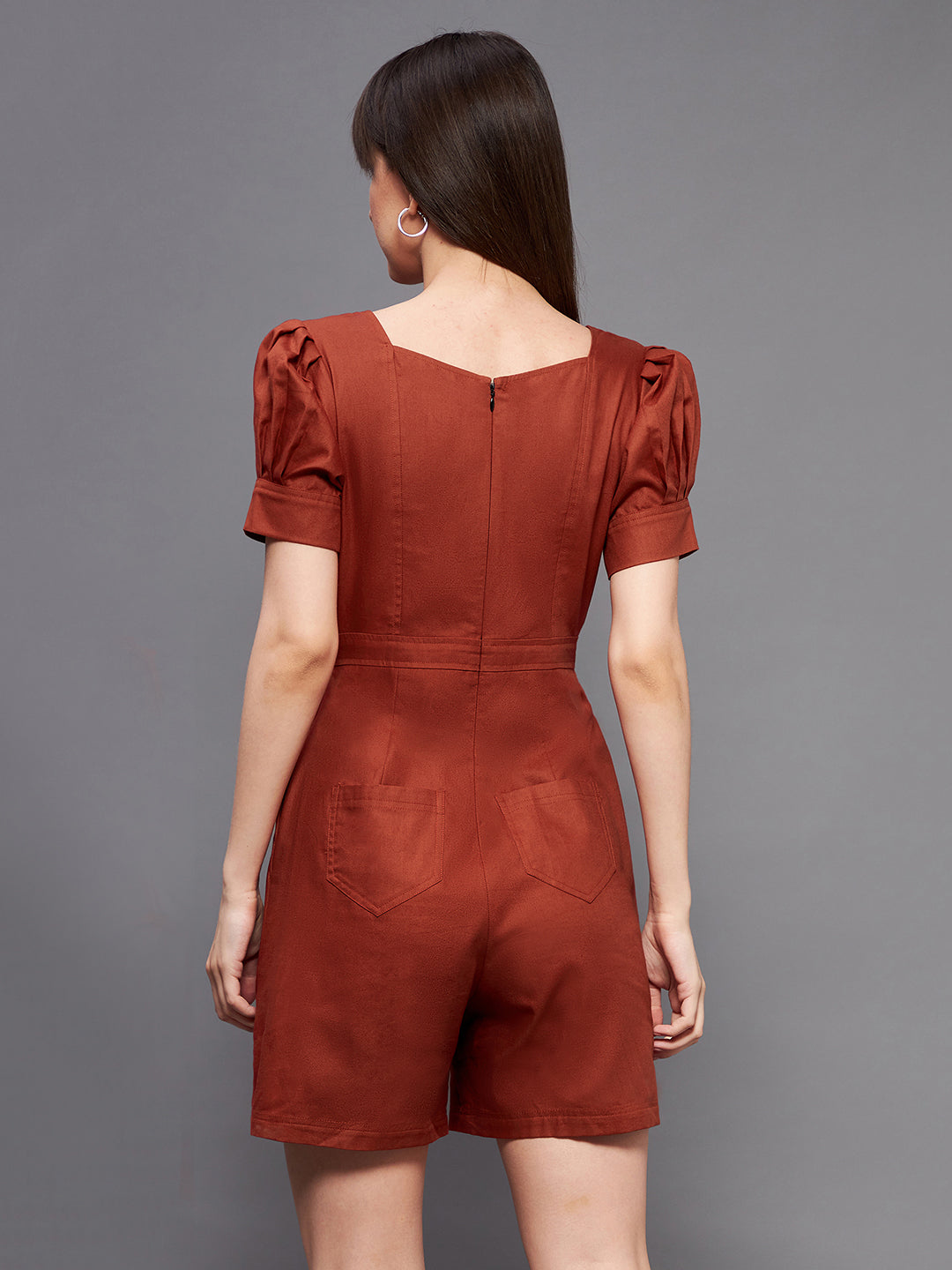 Women's Rust Square Neck Pleated Cotton Solid Flap Pockets Short Playsuit
