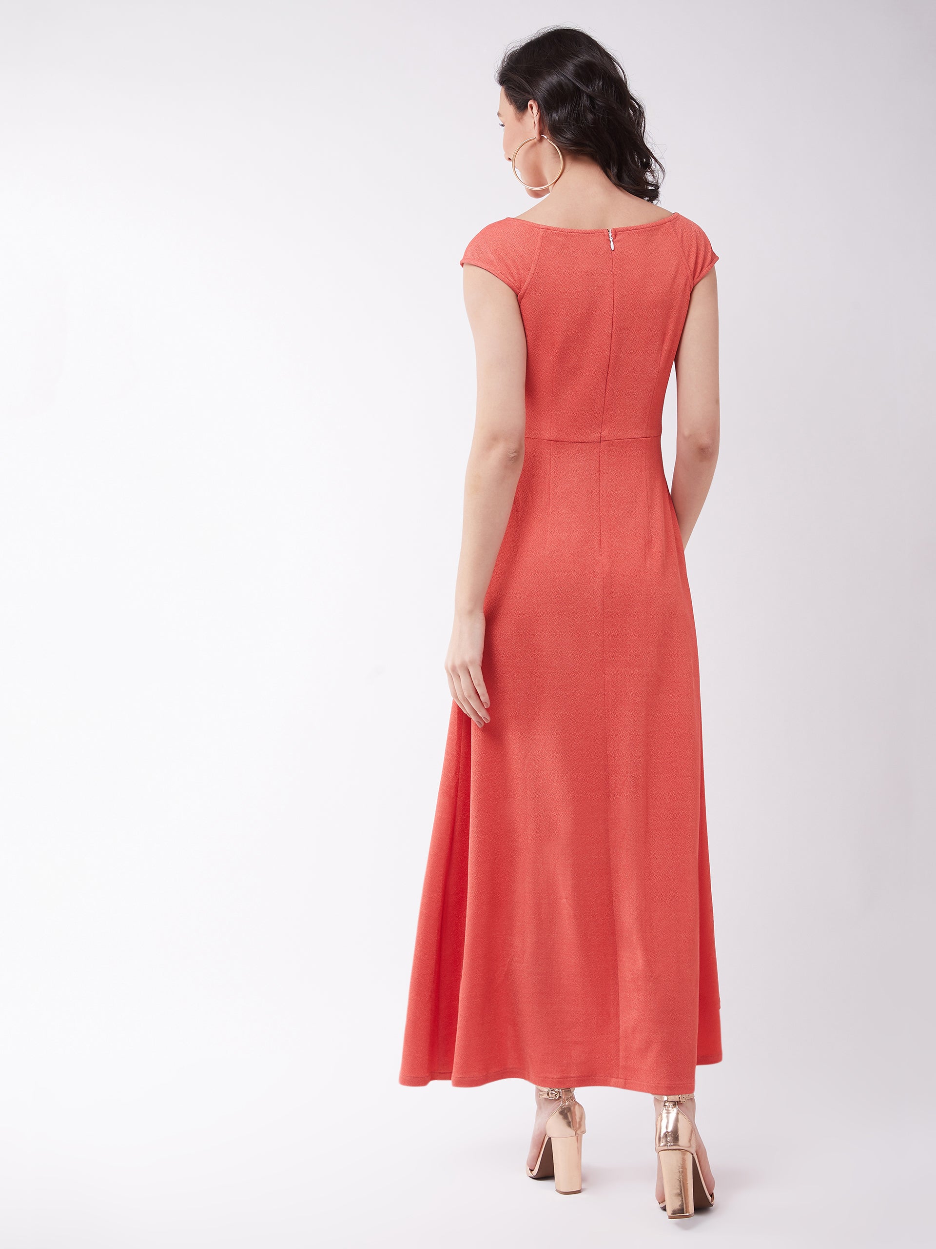 Coral Cap Sleeves Maxi Dress Long Dress Frock with Sequinned Belt for Women