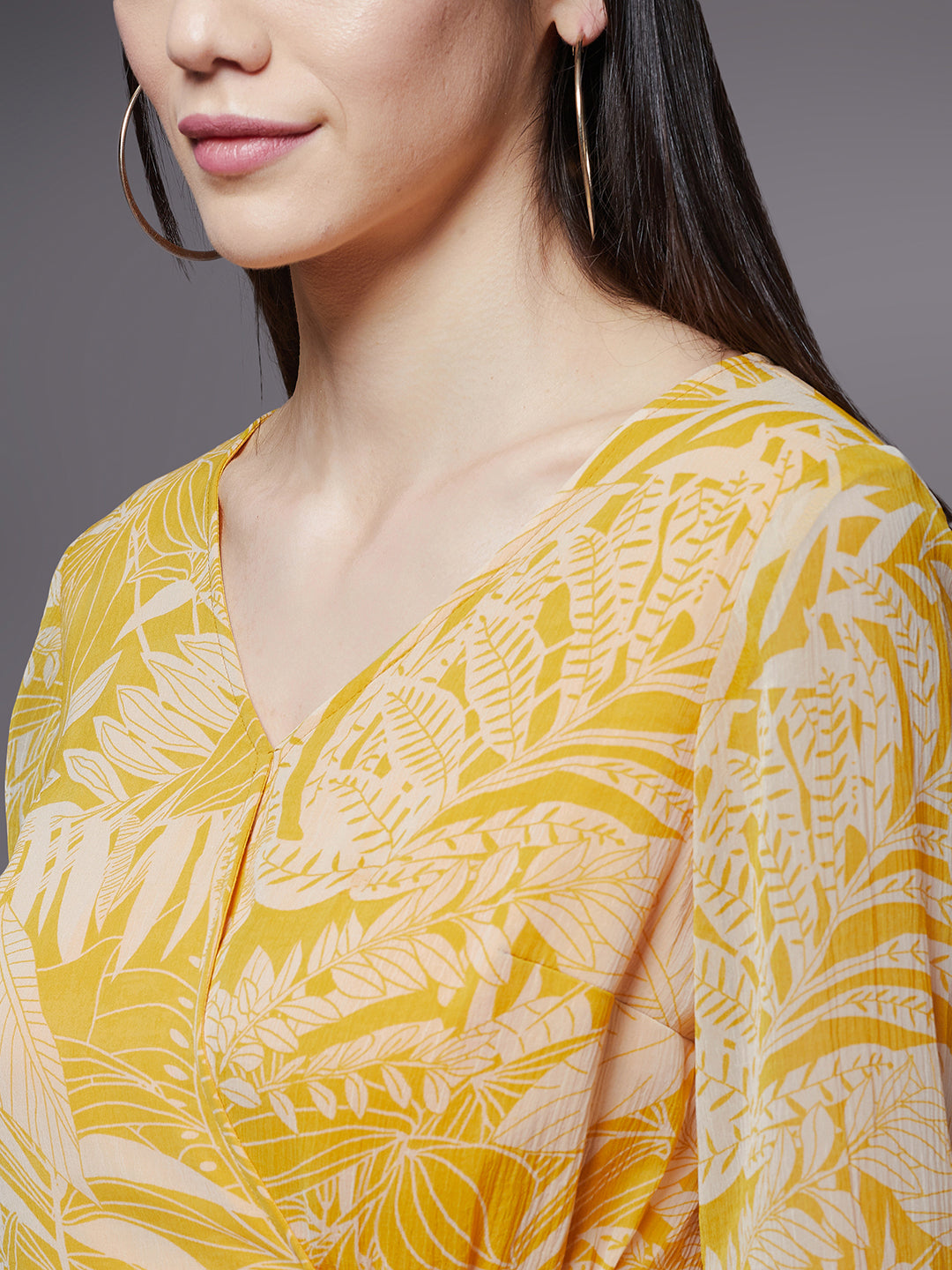 Women's Yellow & White V-Neck Full Sleeve Floral Layered Maxi Dress