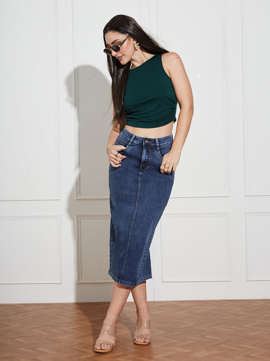 Women's Dark Blue High-Rise Stretchable Denim Midi Skirt with Back Slit – Shaping Fit