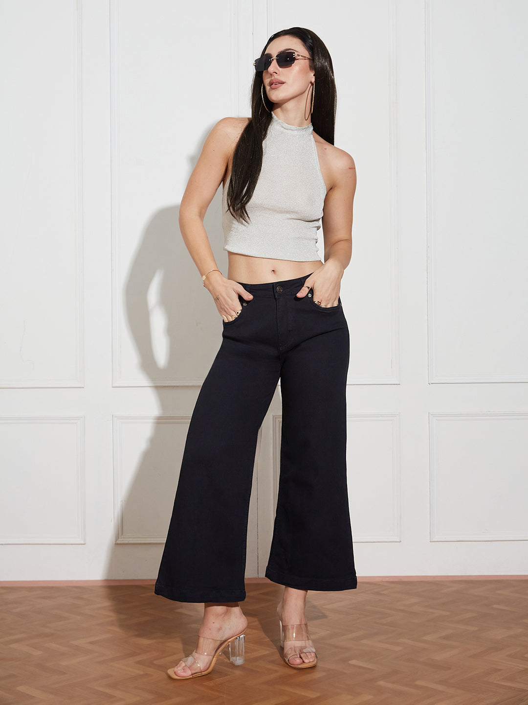 Black Wide-Leg Mid Rise Clean Look Cropped Stretchable Denim Jeans for Women