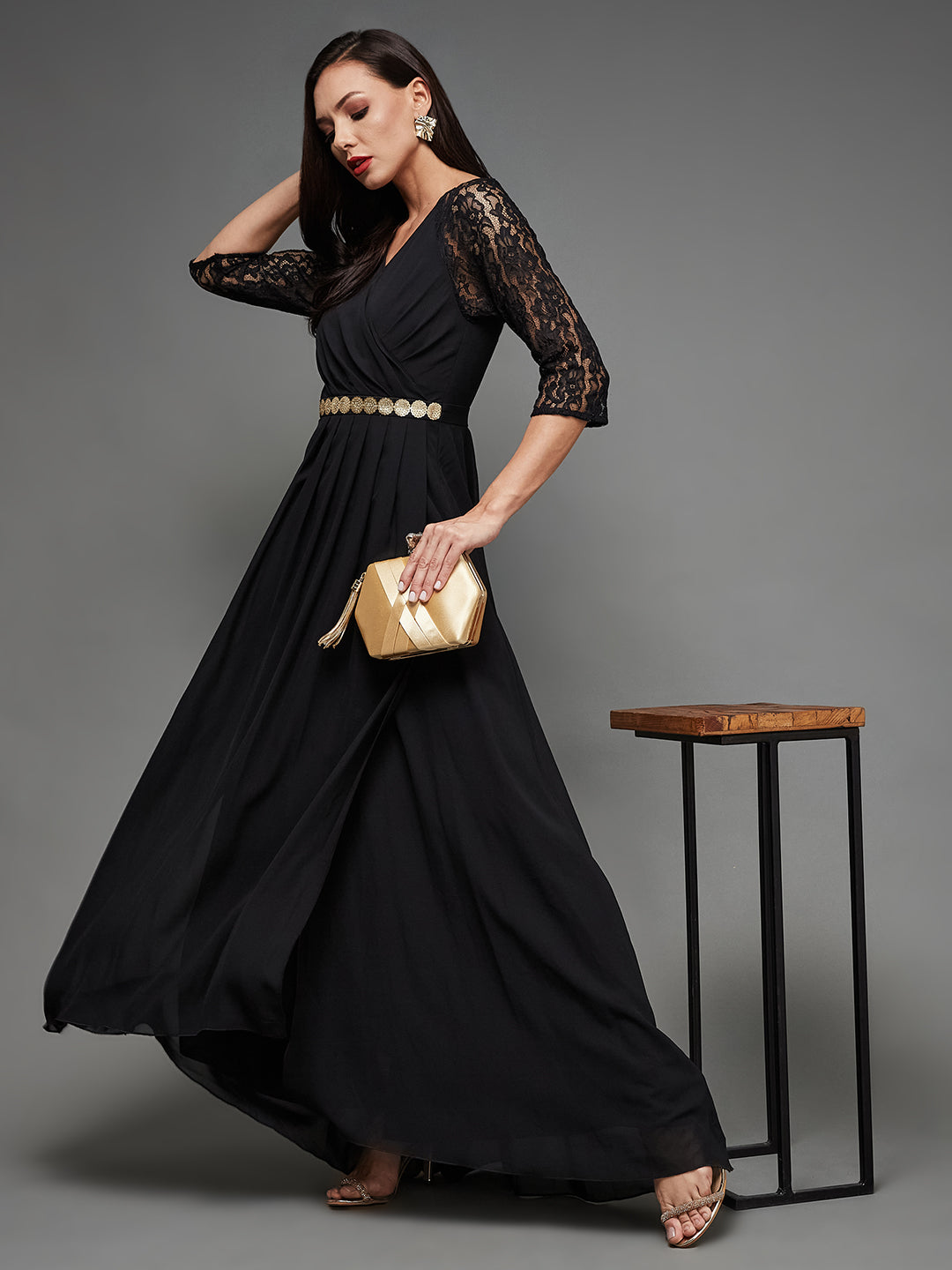 Black Long Sleeves Lace Fit and Flare Gown with Sequinned Golden Belt