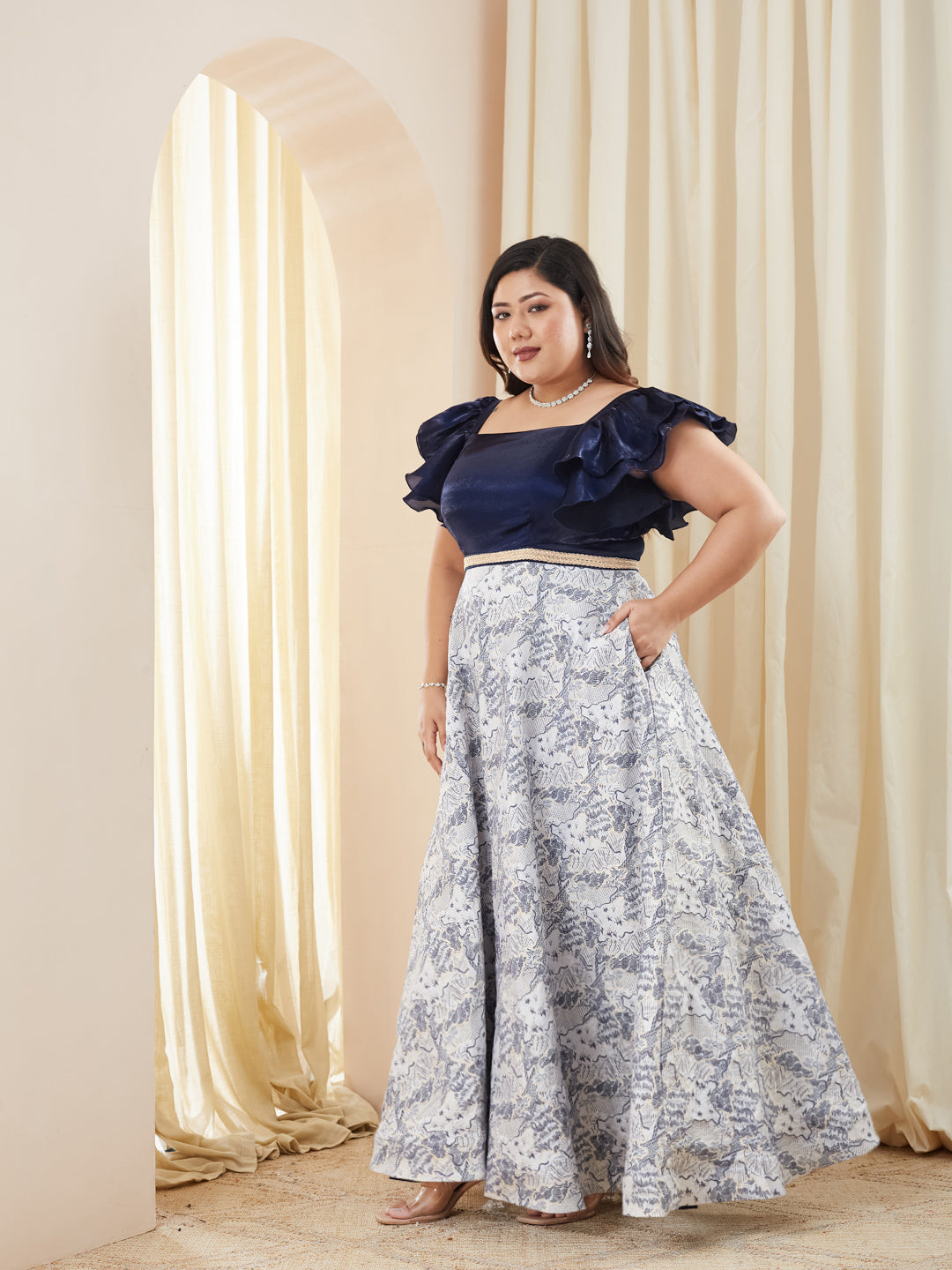 Navy Blue White Square Neck Ruffled Floral Maxi Dress for Women