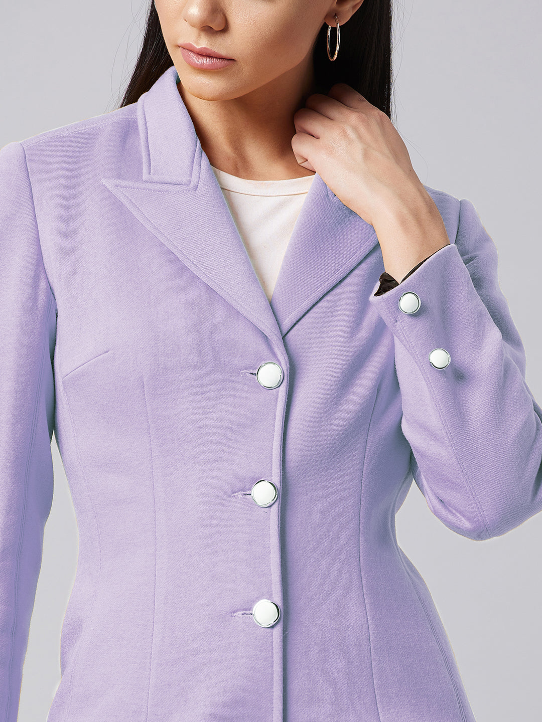 Women's Lavender Notch Collar Full sleeve Solid Paneled Knee length Jacket