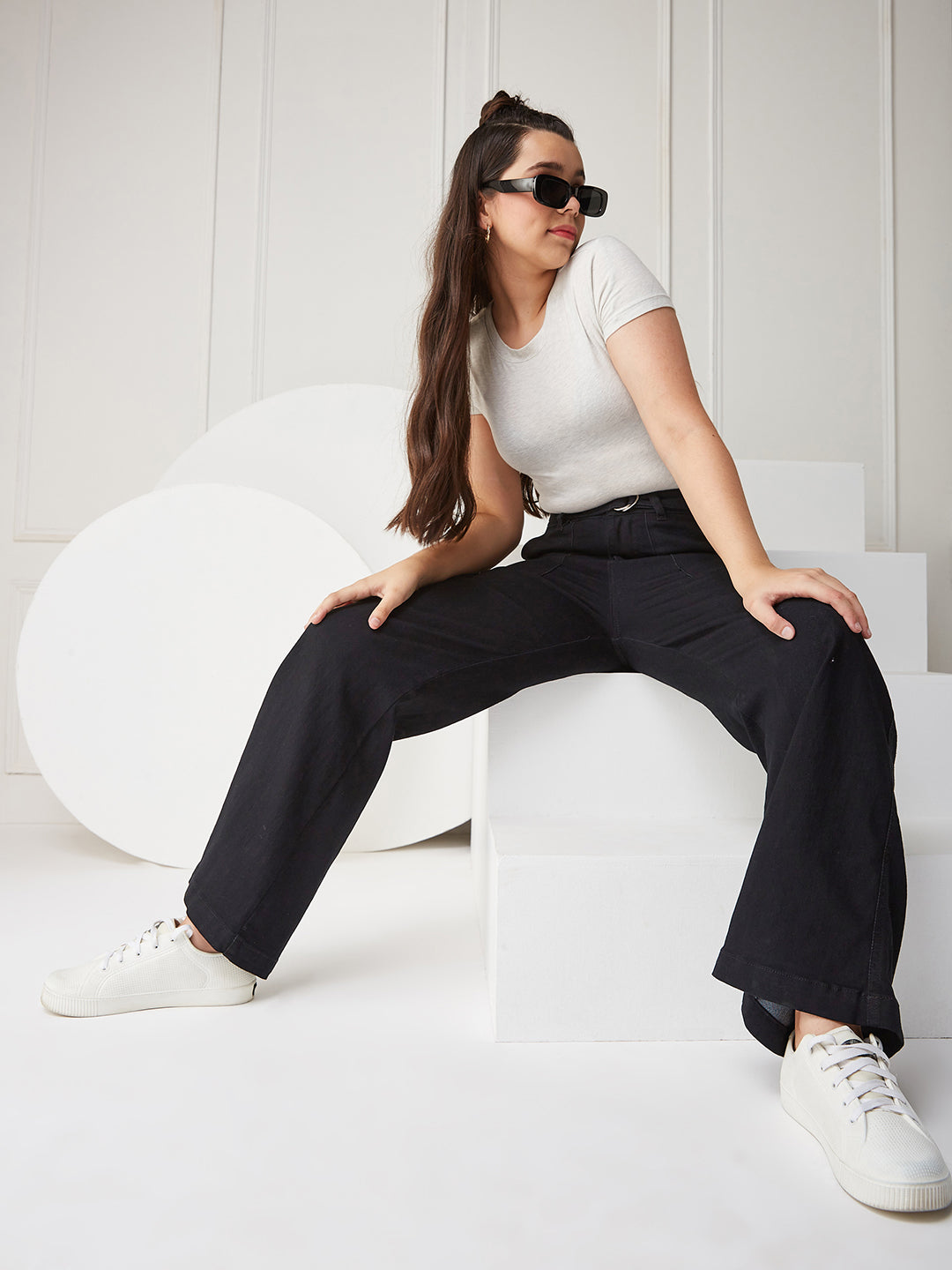 Black Wide-leg High-Rise Regular Stretchable Denim Jeans for Girls/Teenagers