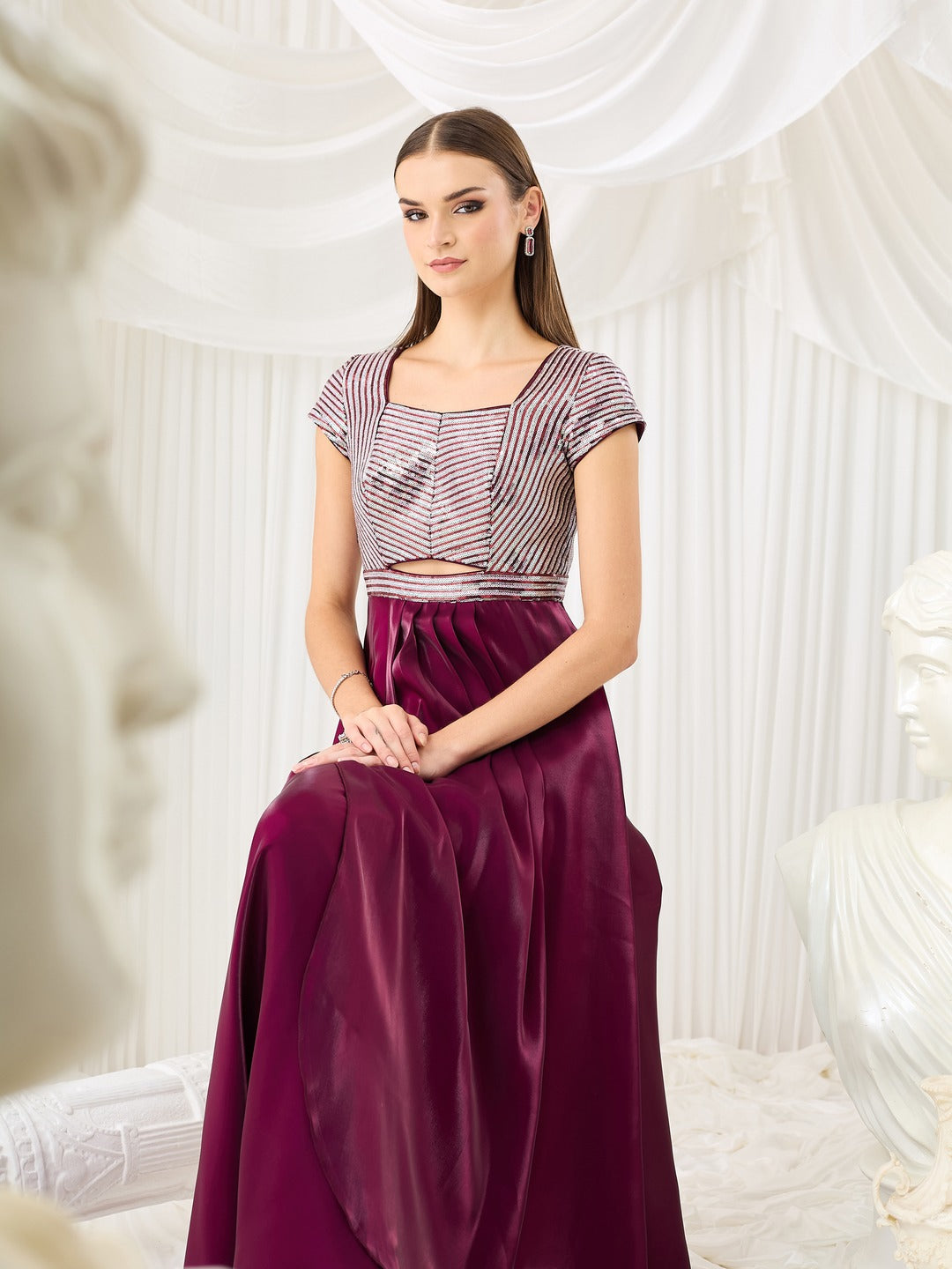 Embellished Dark Purple Gown in Luxe Pleated Satin with Sweetheart Neck for Women