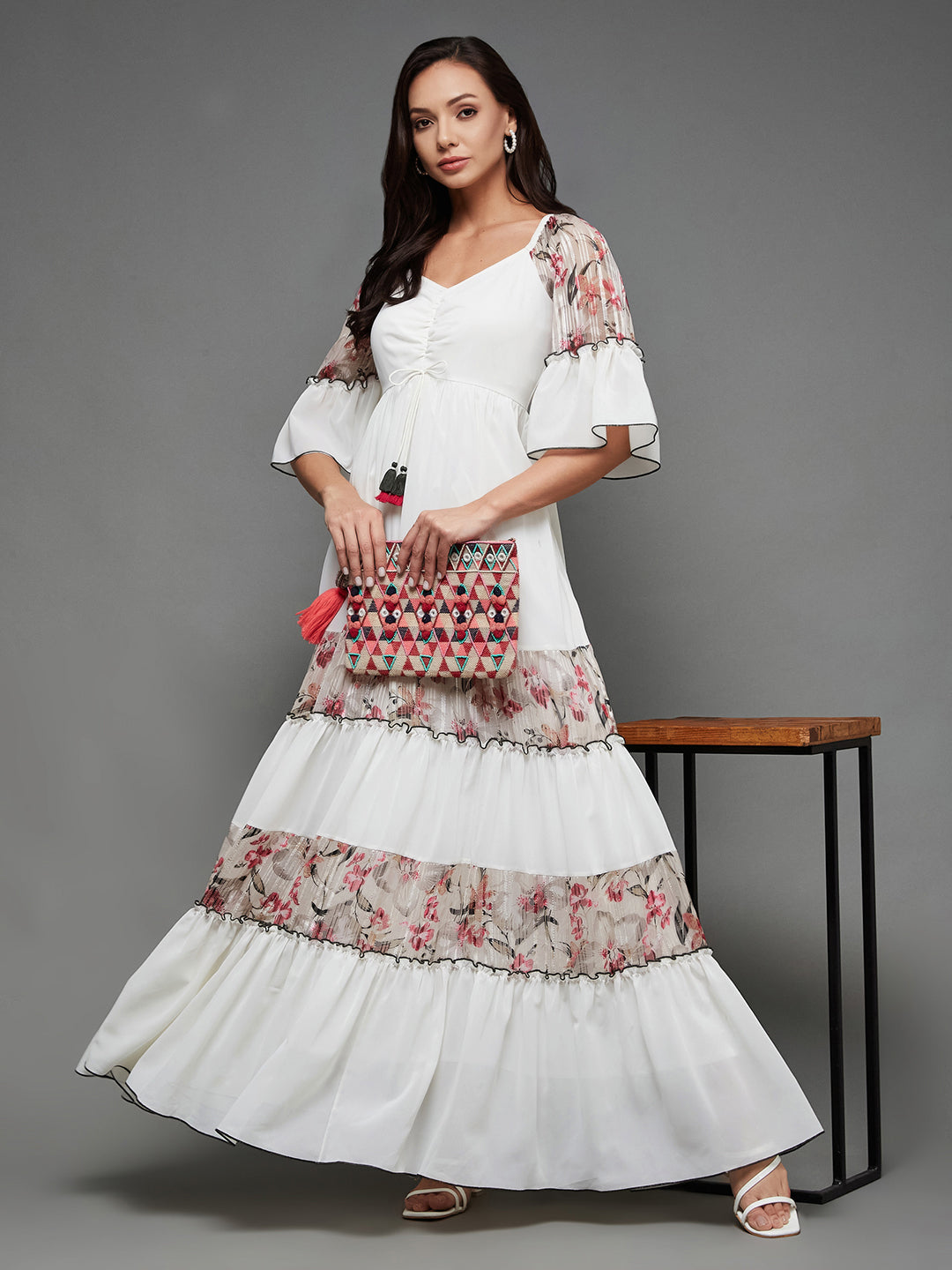 Women's Multicolored-Base-Off White Sweetheart Neckline Ruffled Sleeve Floral Patterned Tiered Maxi Georgette Dress