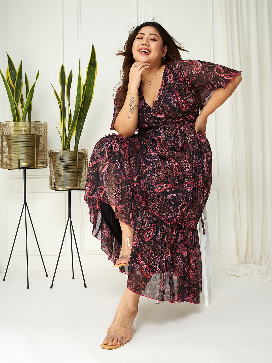 Black Bohemian Printed Flutter Sleeves Maxi Dress Long Dress Gown Frock for Women | The Summer Holiday Story