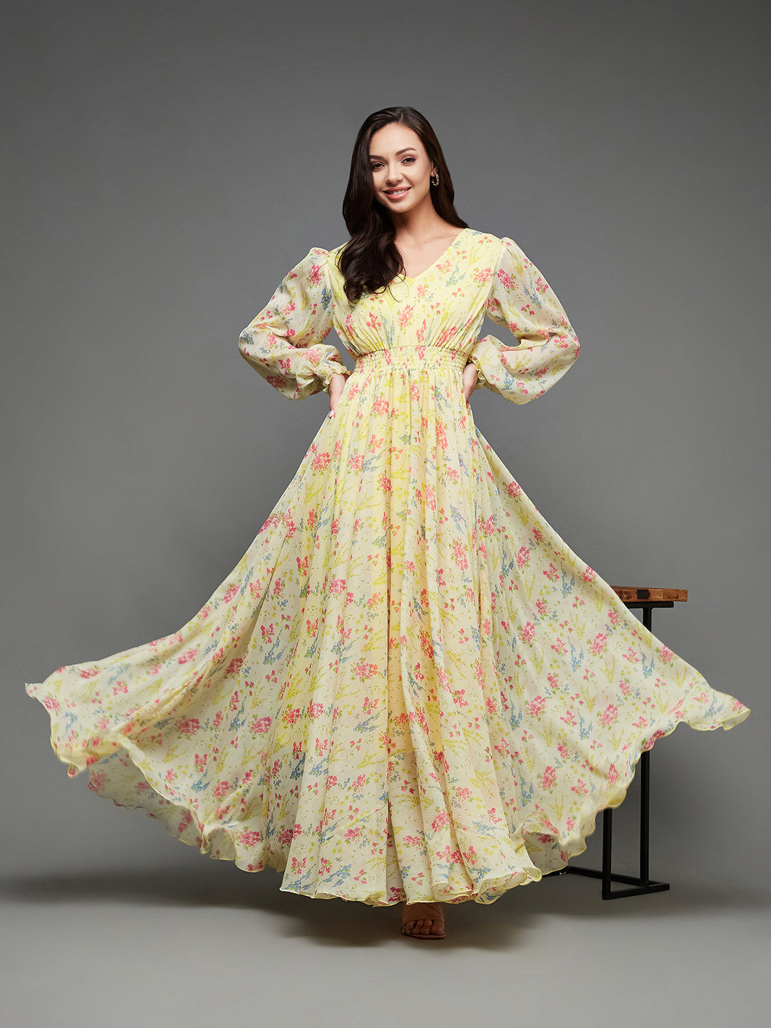 Women's Multicolored-Base-Lime Yellow V-Neck Bishop Sleeve Floral Gathered Chiffon Maxi Dress