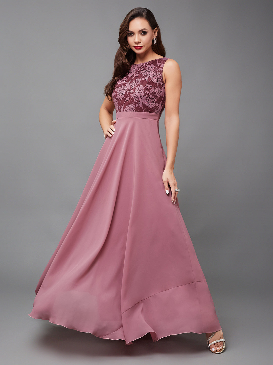 Women's Lavender Round neck Sleeveless Solid Lace Overlaid Maxi Dress