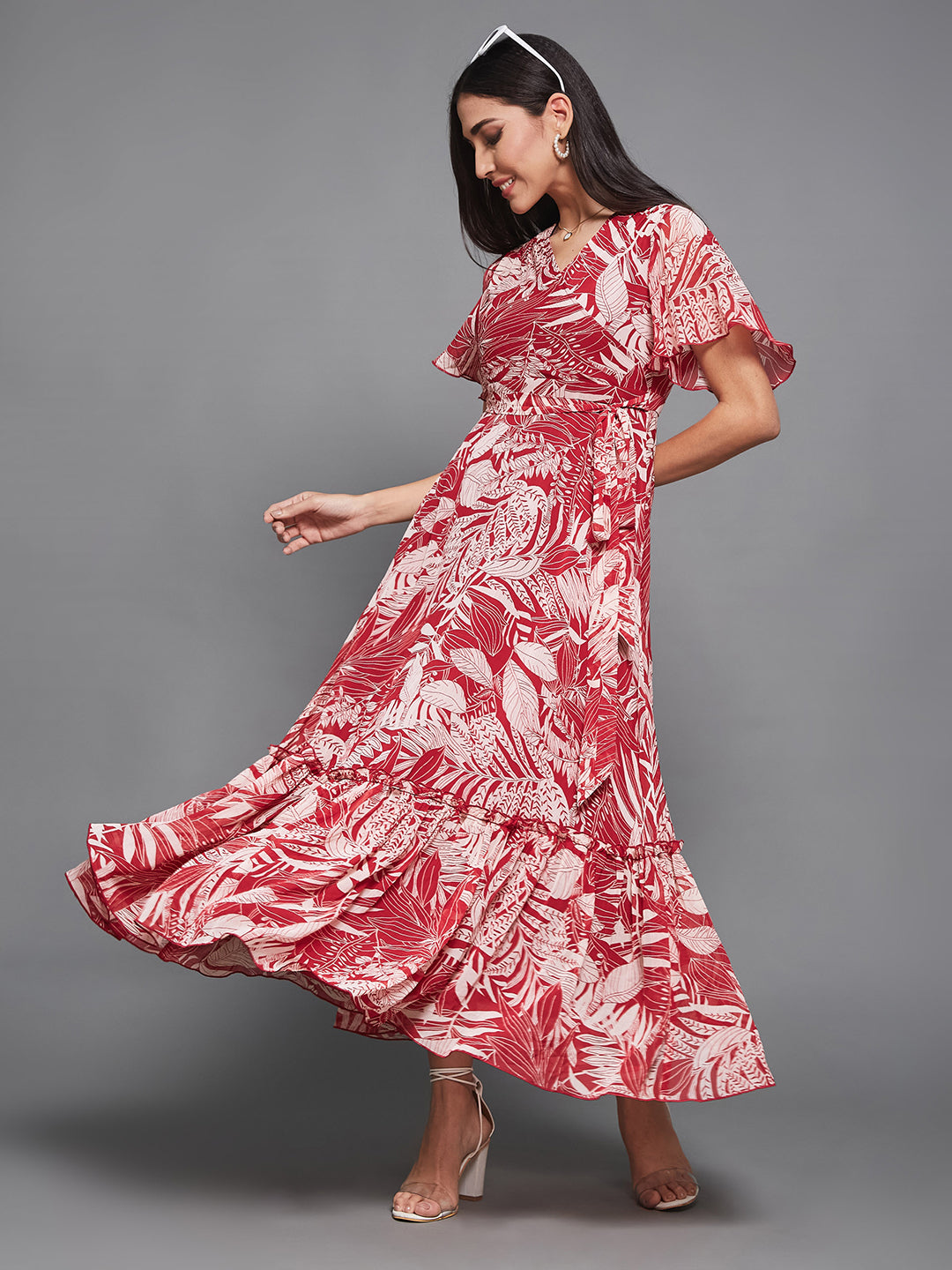 Women's Multicolored Base Maroon V-Neck Flared-Sleeve Floral Wrap Maxi Dress