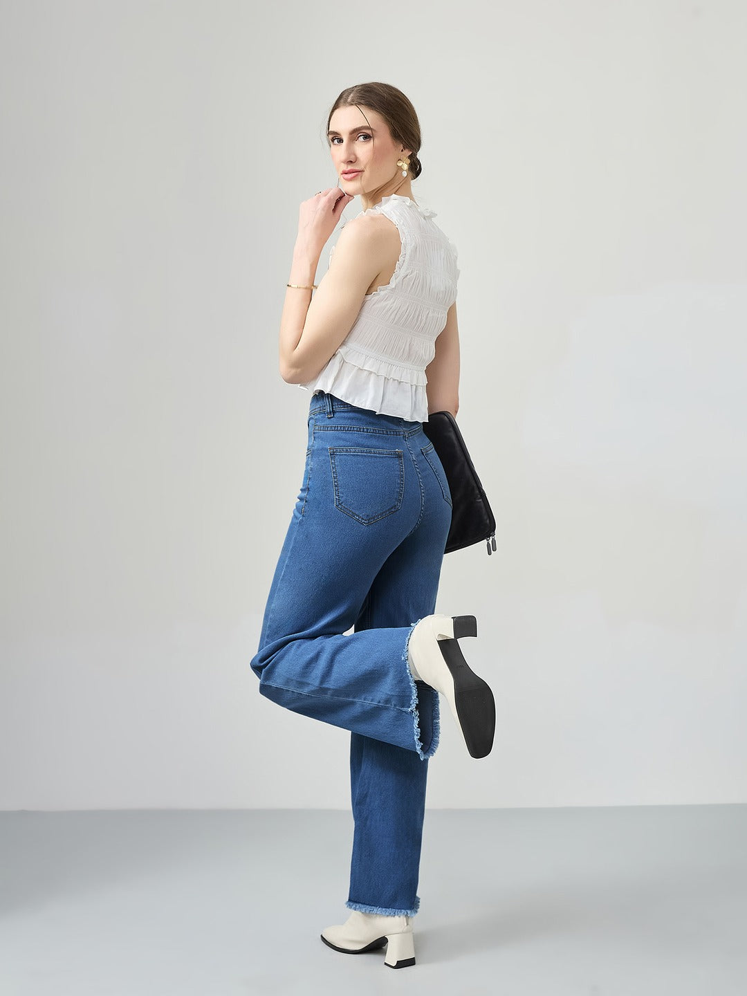 Mid Blue Wide-Leg High-Rise Stretchable Denim Jeans for Women