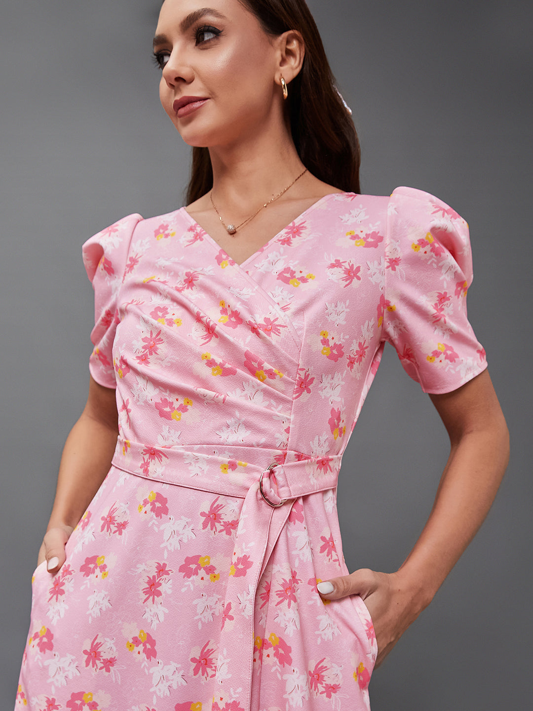 Crease Ease Multicolored-Base-Pink V-neck Puff Sleeve Floral Wrap Midi Dress for Women