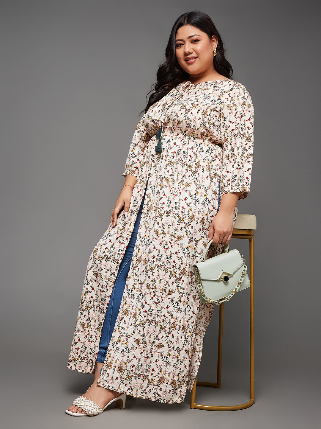 Multicolored Round Neck 3/4 Sleeve Floral Tie-Up Tassel Detailing Front Slit Maxi Top for Women