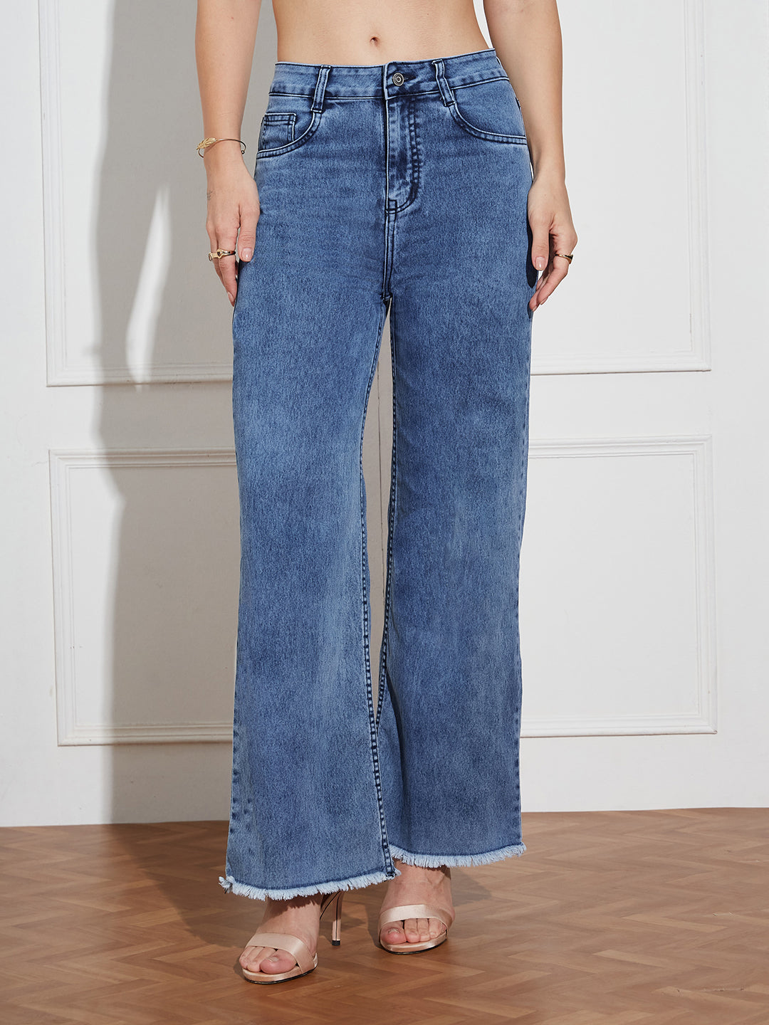 Women's Mid-Blue Wide-Leg High Rise Regular-Length Stretchable Denim Jeans
