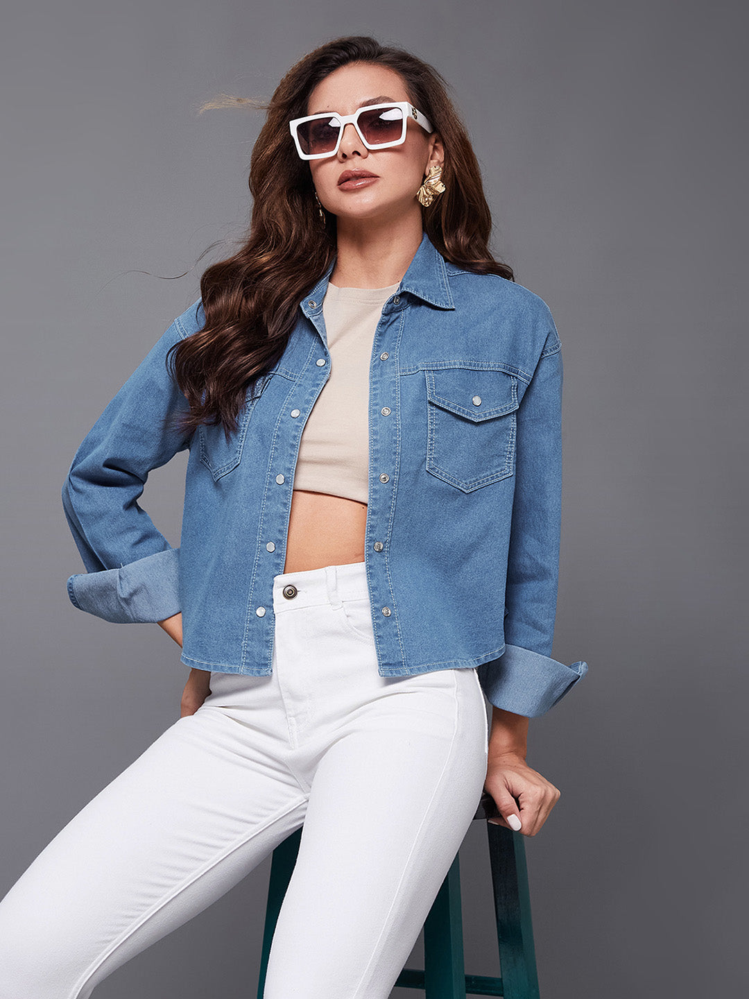 Women's Mid Blue Shirt Collar Full Sleeve High Low Solid Crop Denim Shirt