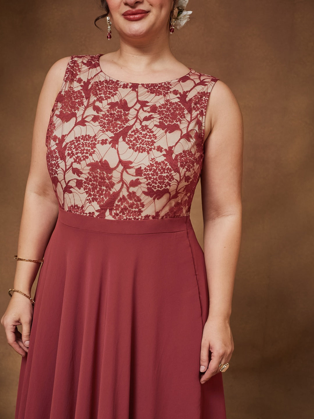 Brick Red & Dusty Green Boat Neck Sleeveless Self Design Lace Overlaid Regular Dress for Women