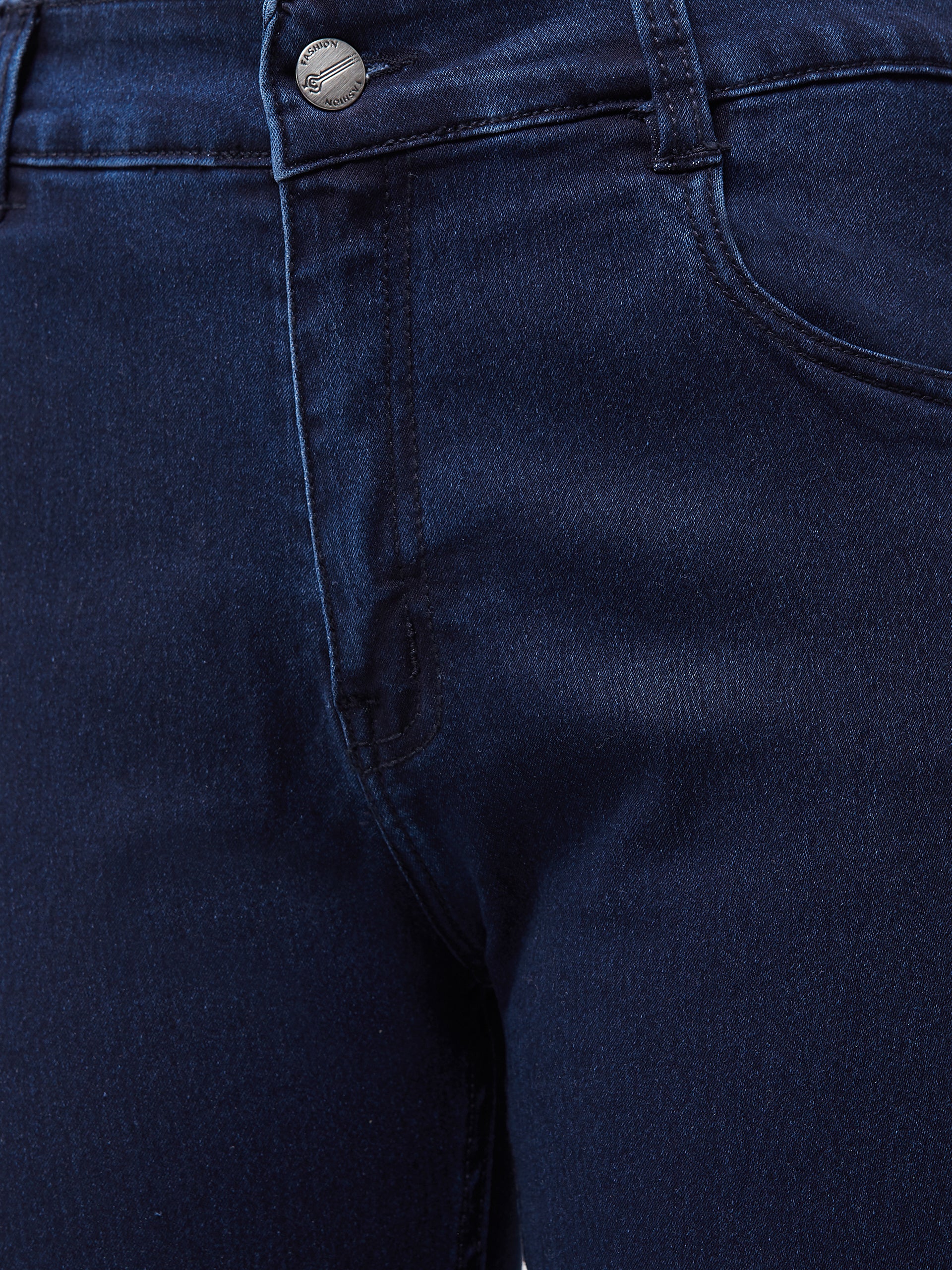 Women's Navy-Blue Skinny-Fit Mid-Rise Cropped Printed Turner Detailing Length Stretchable Denim Jeans