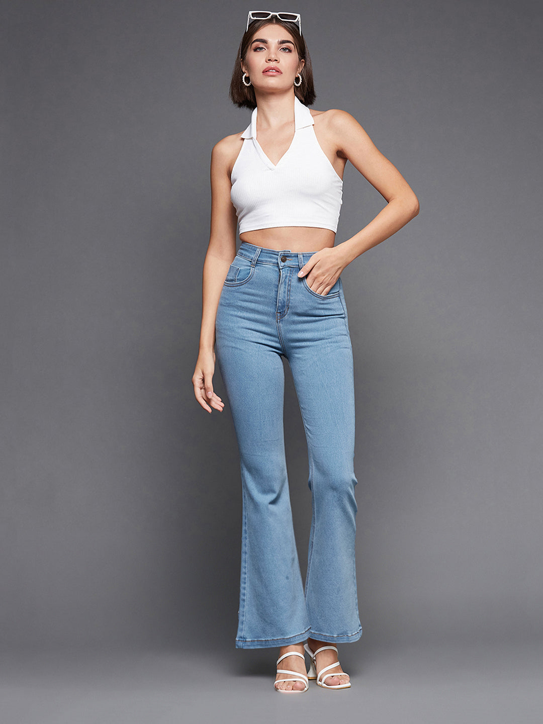 24/7 Comfort Light Blue Bell-Bottom Bootcut High-Rise Stretchable Denim Jeans
