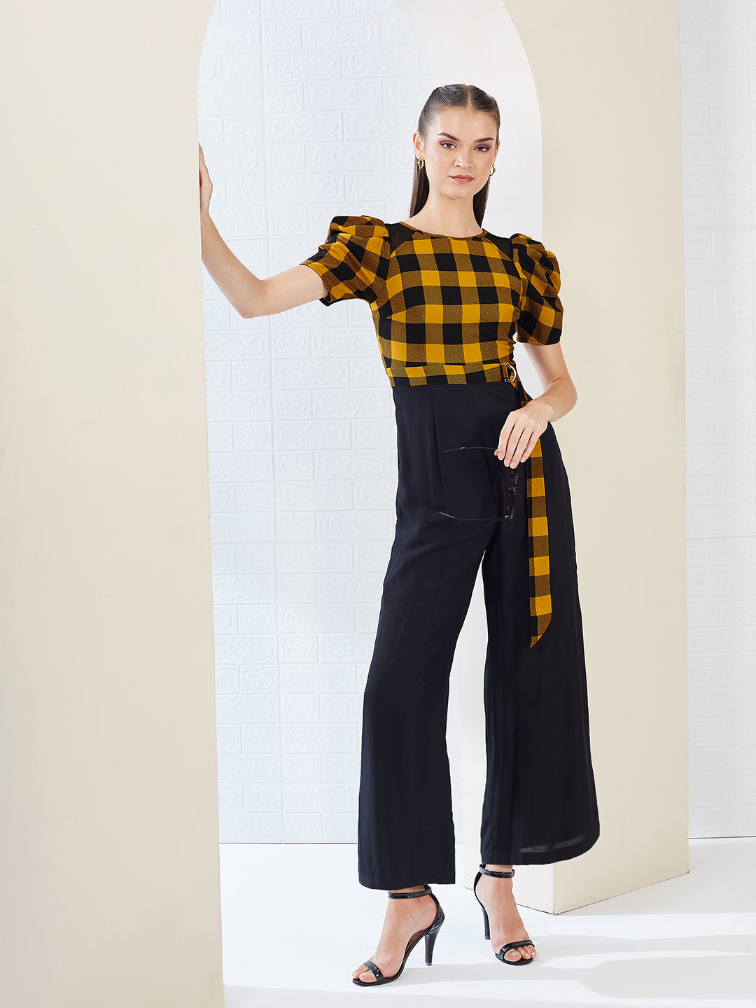 Black & Mustard Round Neck Cowl Sleeve Checkered Wide-leg Viscose-Rayon Regular Length Jumpsuit for Women — Miss Chase