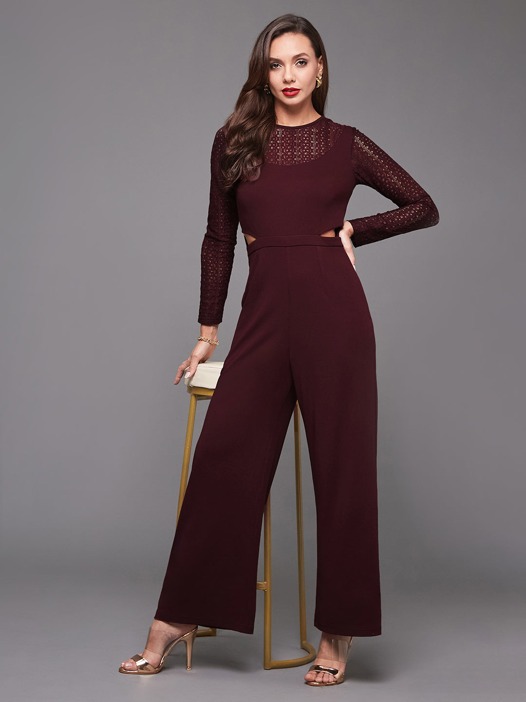 Women's Wine Round Neck Full Sleeve Self Design Cut-out Jumpsuit
