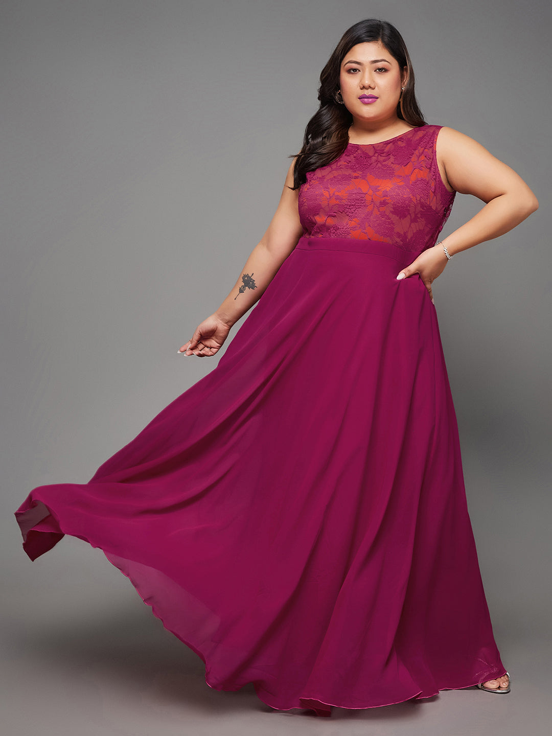 Dark Pink & Rust Sleeveless Fit and Flare Lace Dress for Women | Mehendi to Sangeet Collection
