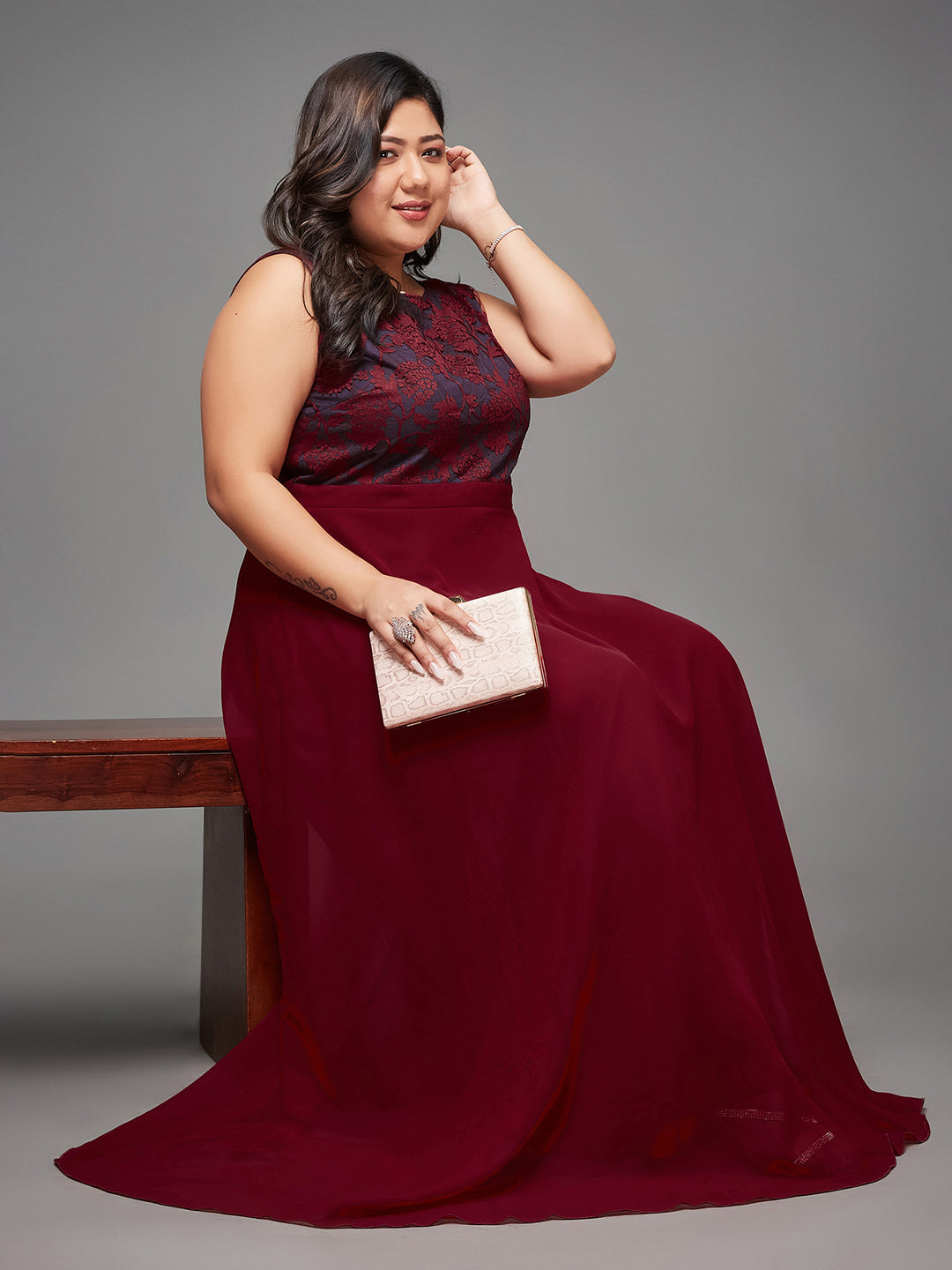 Maroon & Teal Boat Neck Sleeveless Self Design Lace Overlaid Maxi Dress for Women
