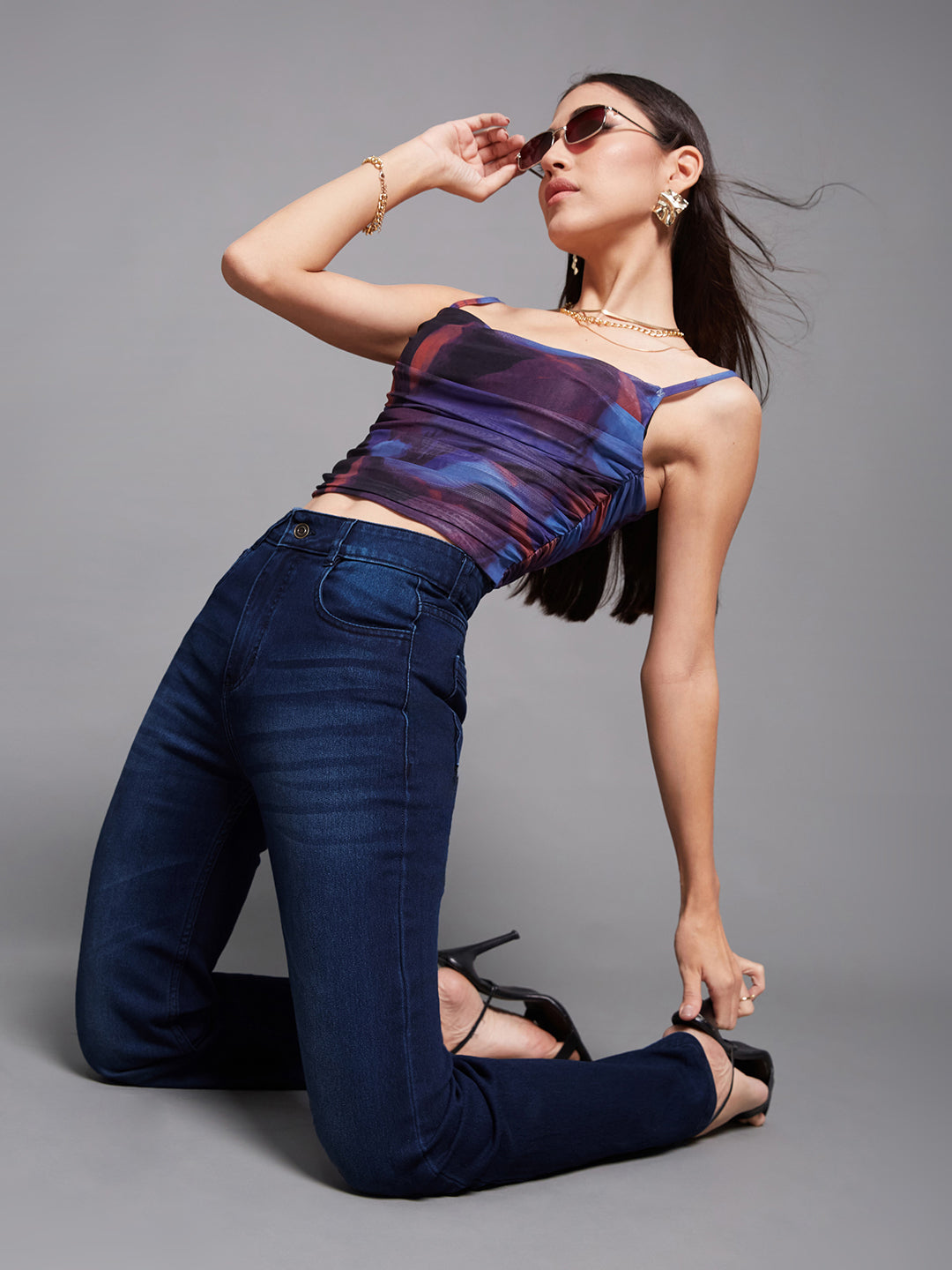 Women's Navy blue Wide leg Mid rise Clean look Regular Stretchable Denim Jeans