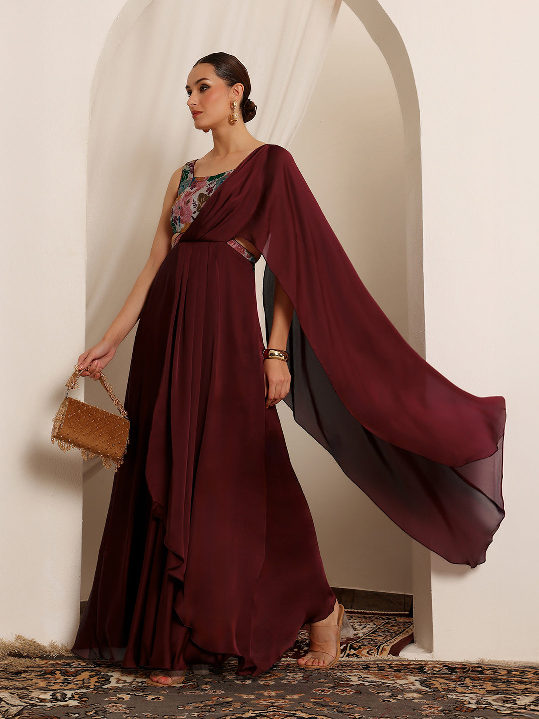 Women's Wine Square Neck Sleeveless Floral Layered Satin Maxi Dress