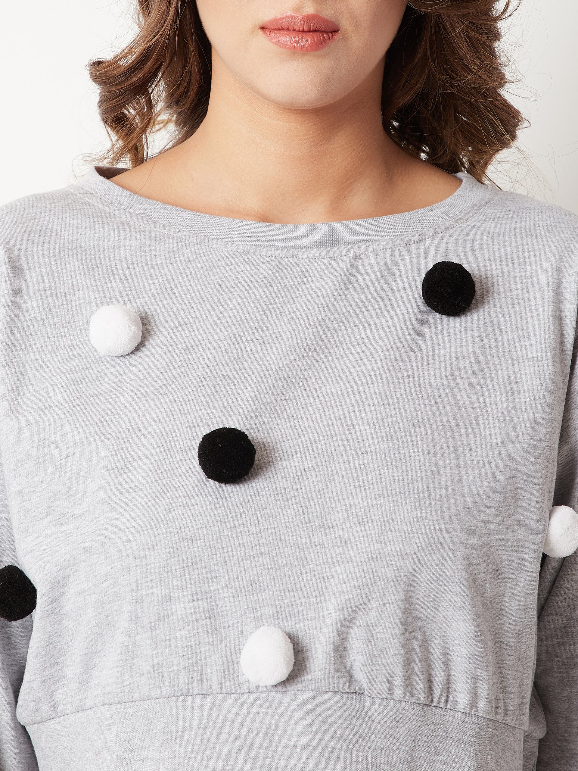 Women's Grey Round Neck Full Sleeve Cotton Solid Pompom Detailing Boxy Crop Top
