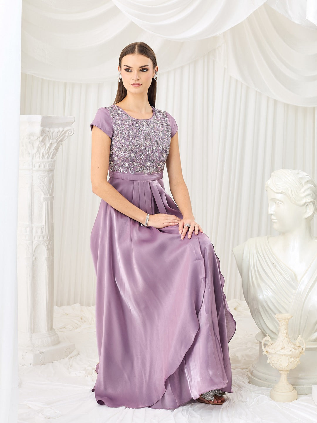 Embroidered Gown in Dusty Purple Layered Premium Satin for Women