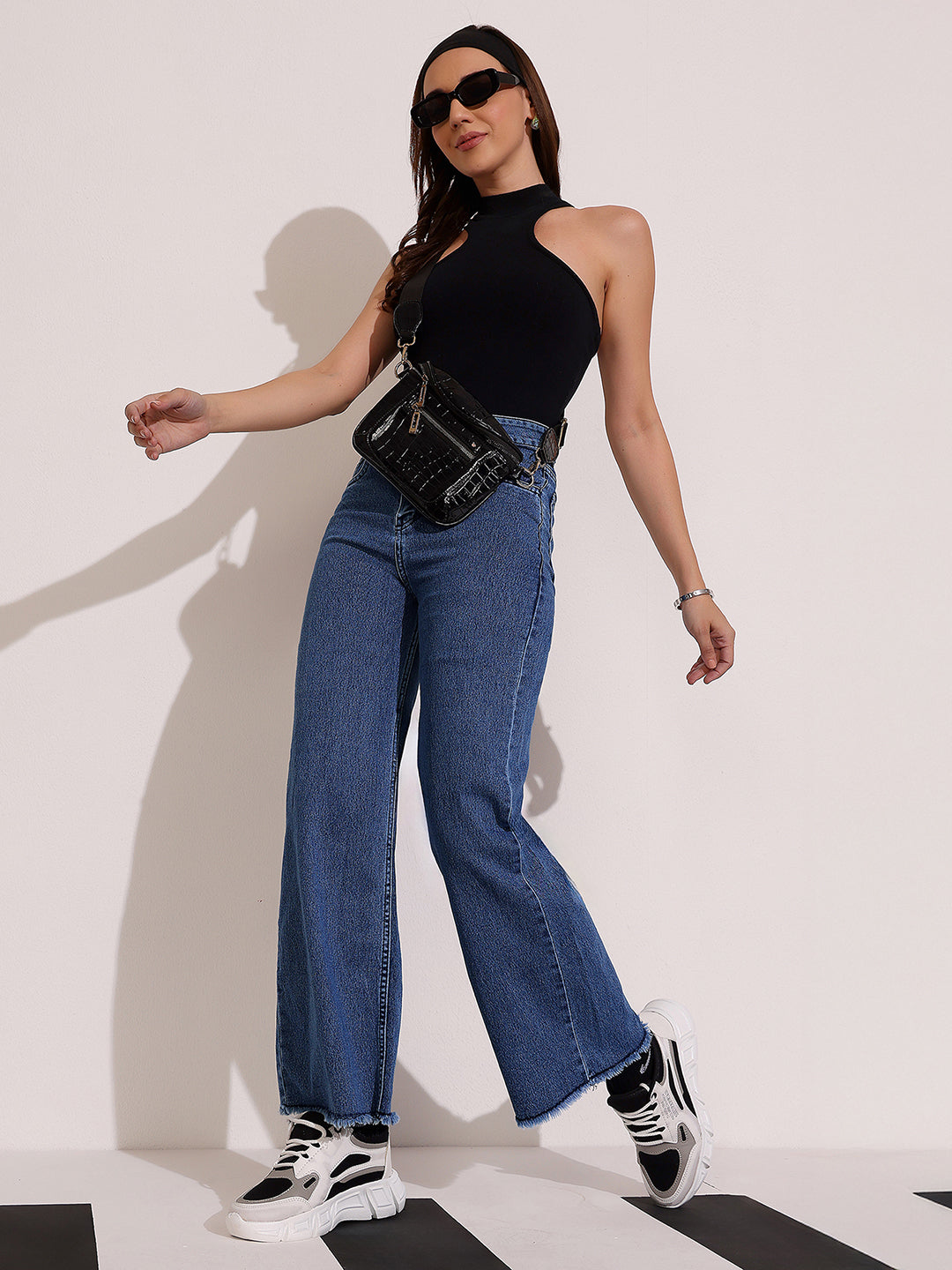 Women's Navy-Blue Wide-Leg High Rise Regular-Length Stretchable Denim Jeans