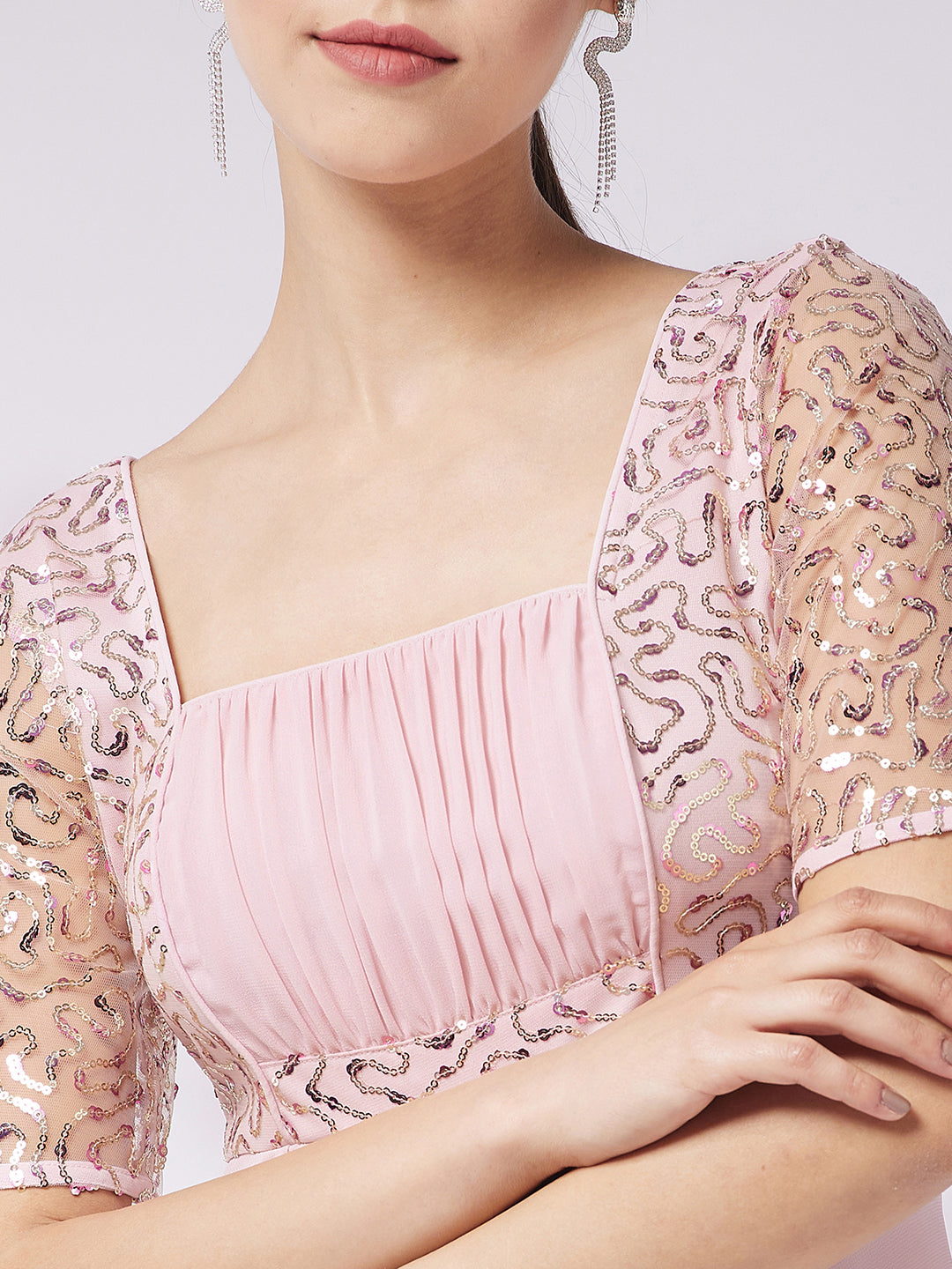 Light Pink Short Sleeves Fit and Flare Sequinned Maxi Dress Long Dress Frock for Women