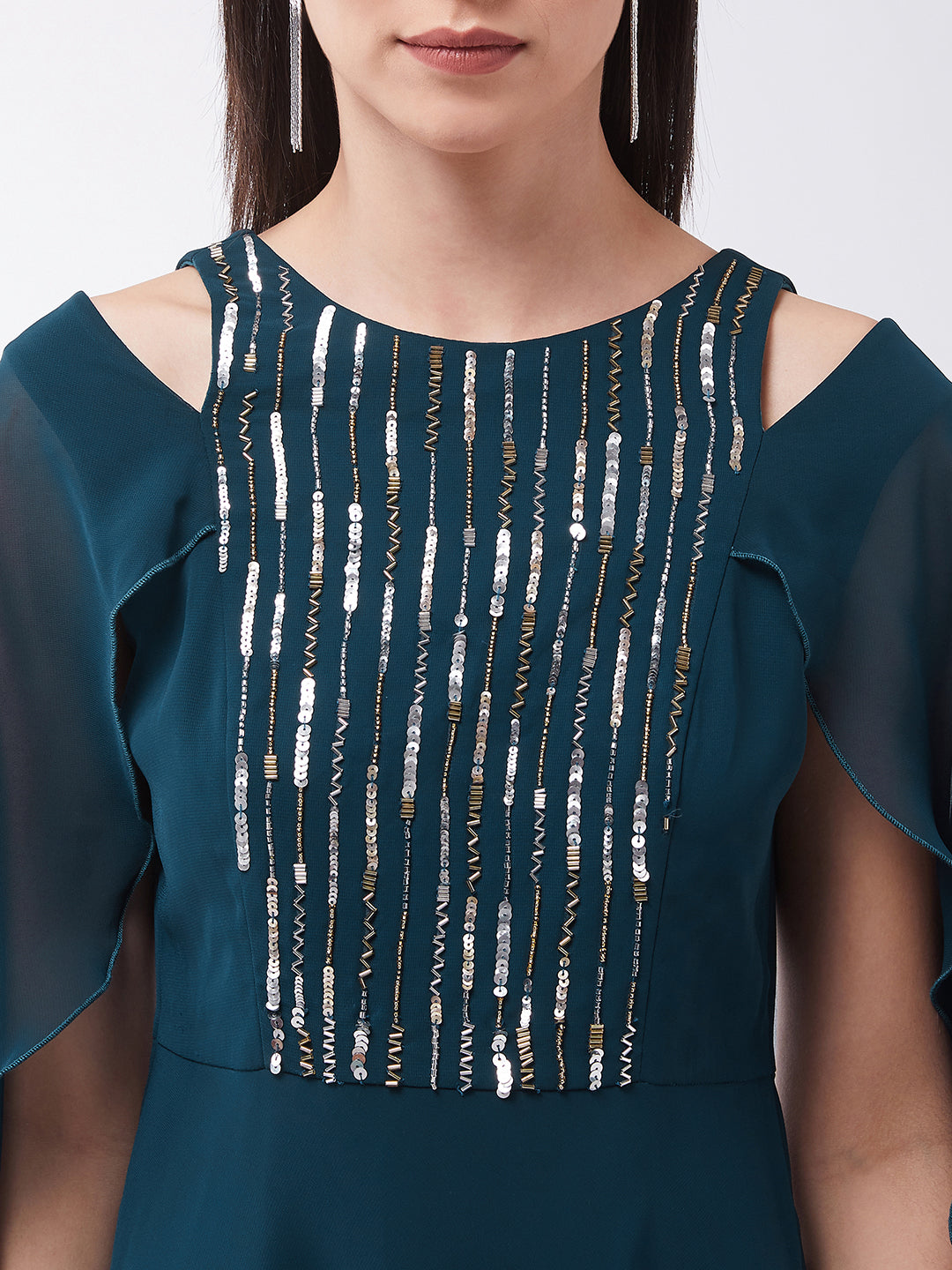 Teal Cold Shoulder Sequinned Maxi Dress Long Dress Frock for Women