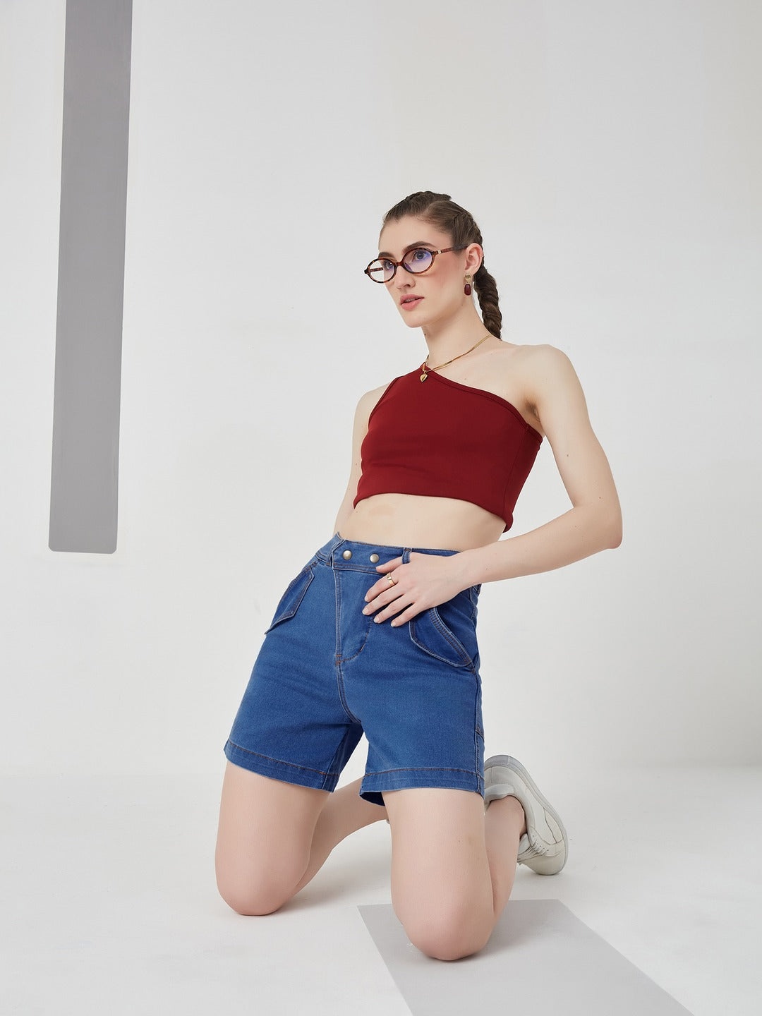 Relaxed-Fit Mid-Rise Stretchable Blue Denim Bermuda Shorts for Women