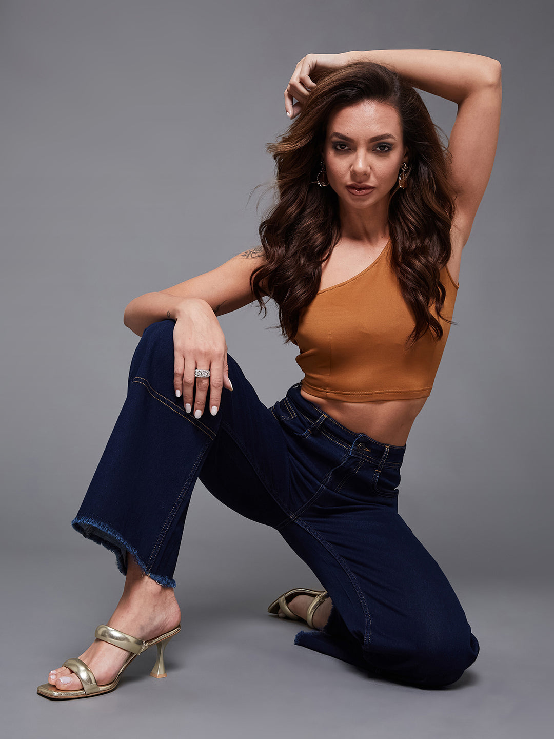 24/7 Comfort Navy-Blue Wide-Leg High-Rise Stretchable Denim Jeans