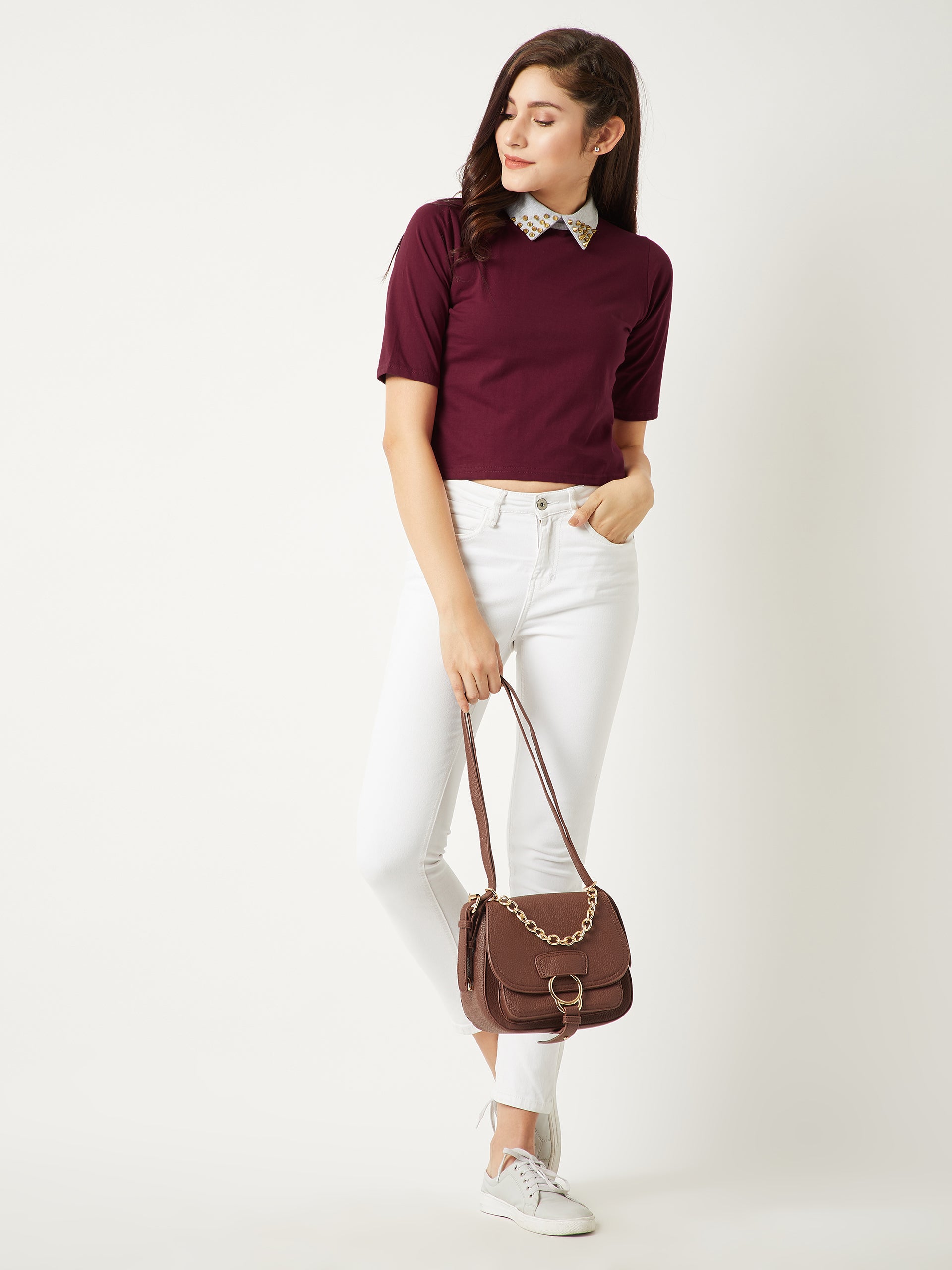 Women's Maroon Round Neck Half Sleeve Cotton Solid Embellished Buttoned Collared Crop Top